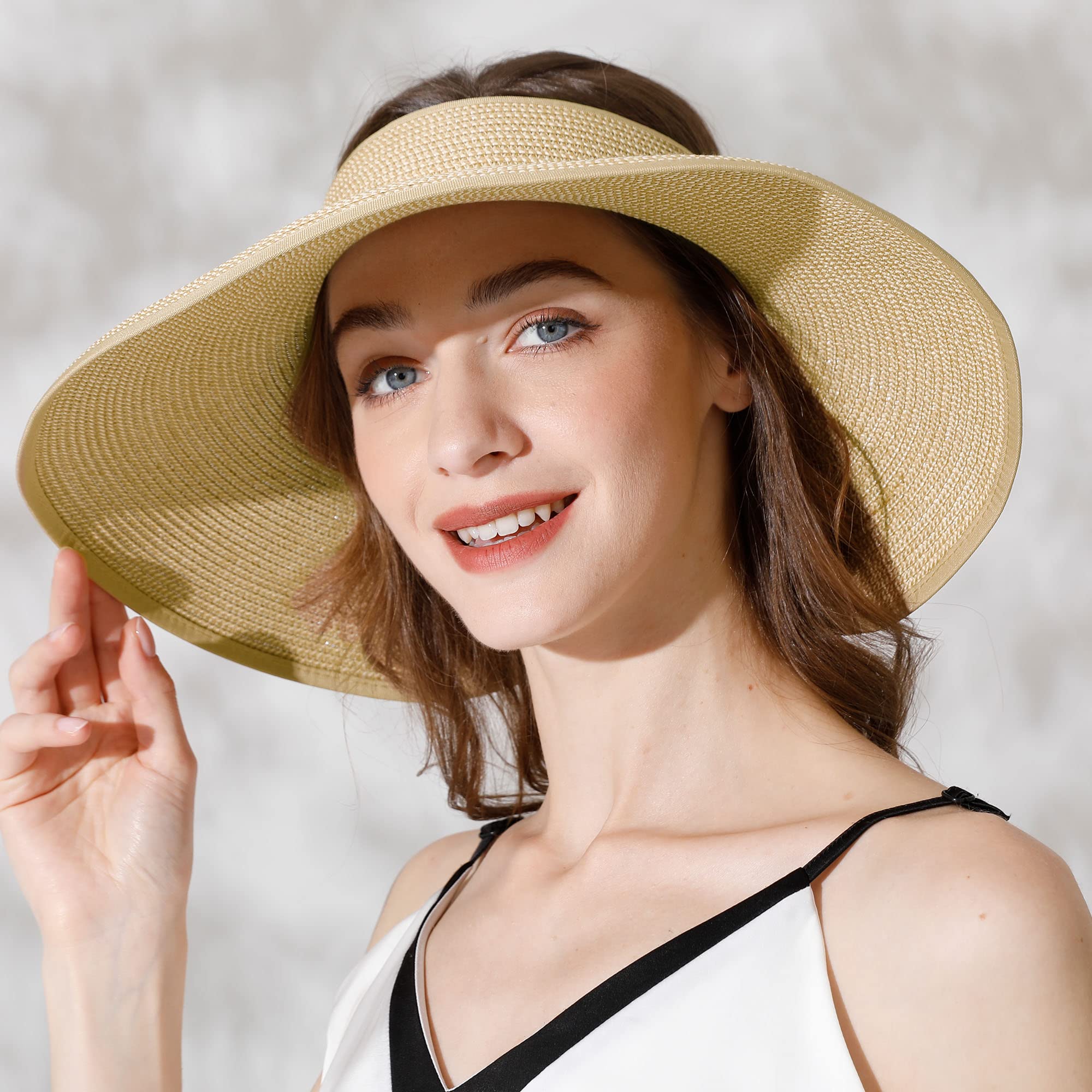 PALAY Sun Hat for Women Extra Wide Brim Straw Beach Cap for Women Stylish Summer Hats Fold Sun Hat, Sun Protection Hat Cap for Girl Women Beige