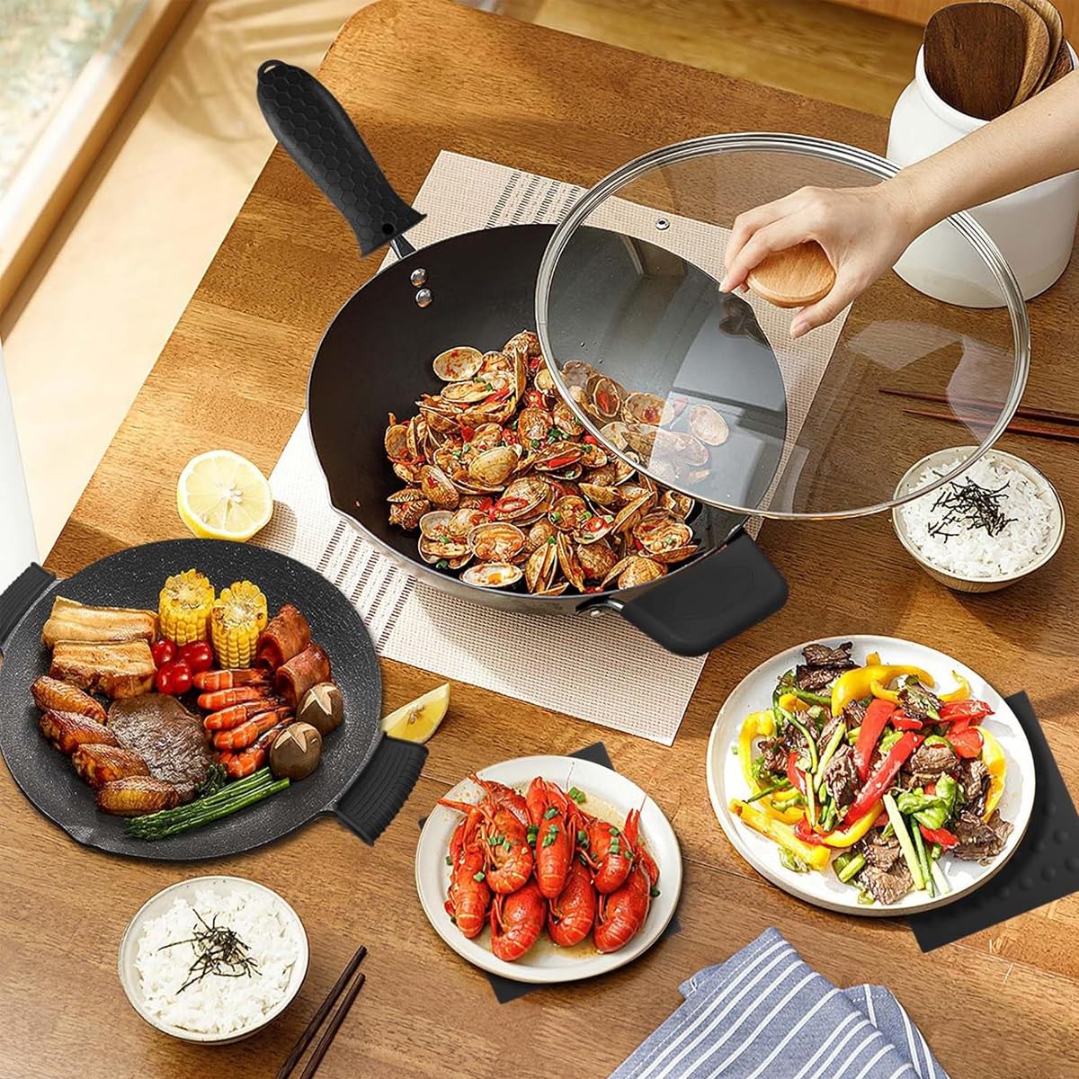 Supvox Cast Iron Fry Pan Silicone Pan Handle Covers - 6Pcs Cookware Heat Insulation Covers Set with Anti-Slip Handle Sleeve and Square Protector Mat for Pots, Pans, Stewing Pots, and Soup Bowls