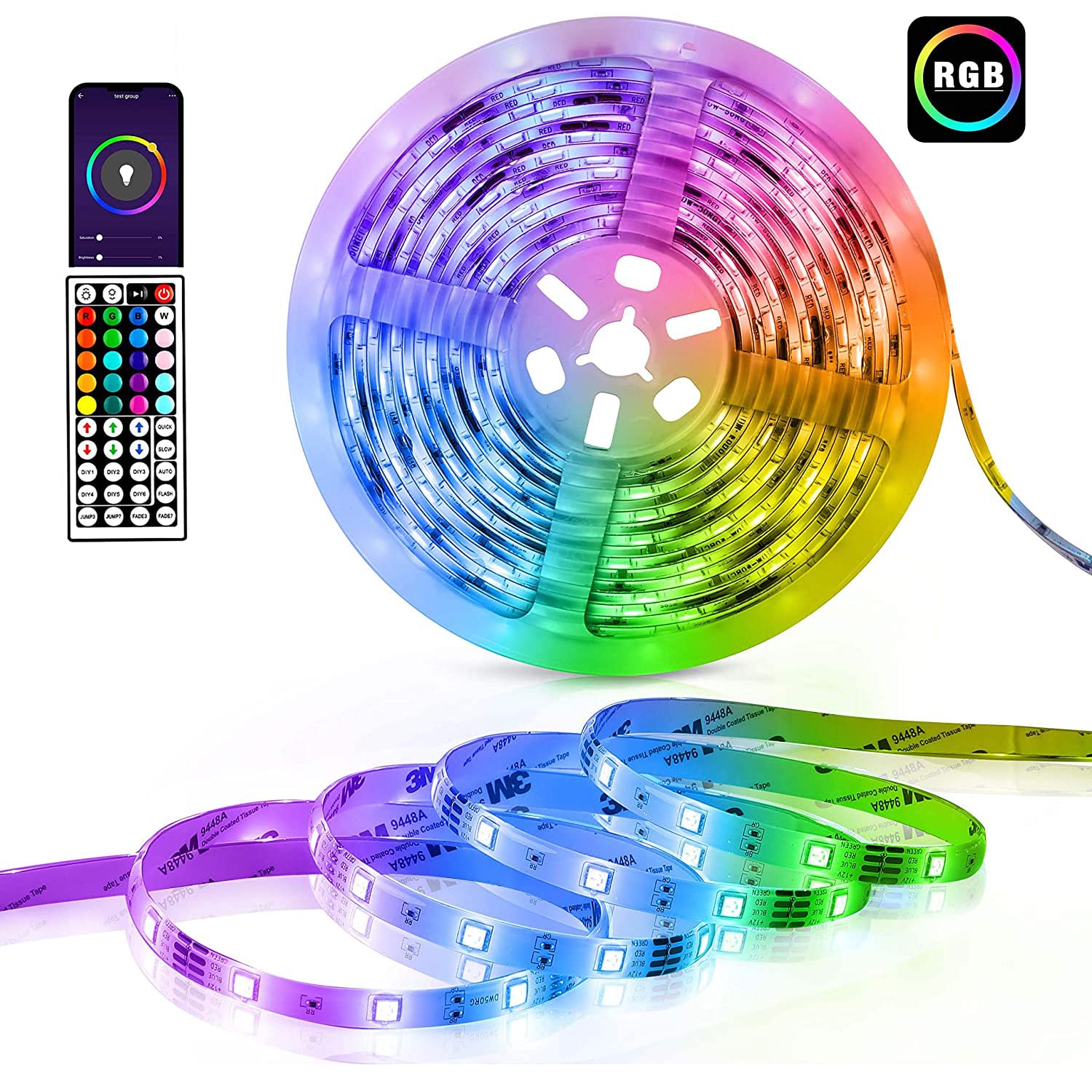 Verilux (2 Pack 10 Meter 180 LED RGB Color Changing LED Lights Strip with Adapter/ App Control/44 Key Remote , Music Sync LED Lights for, TV Back Ground Lighting Decoration