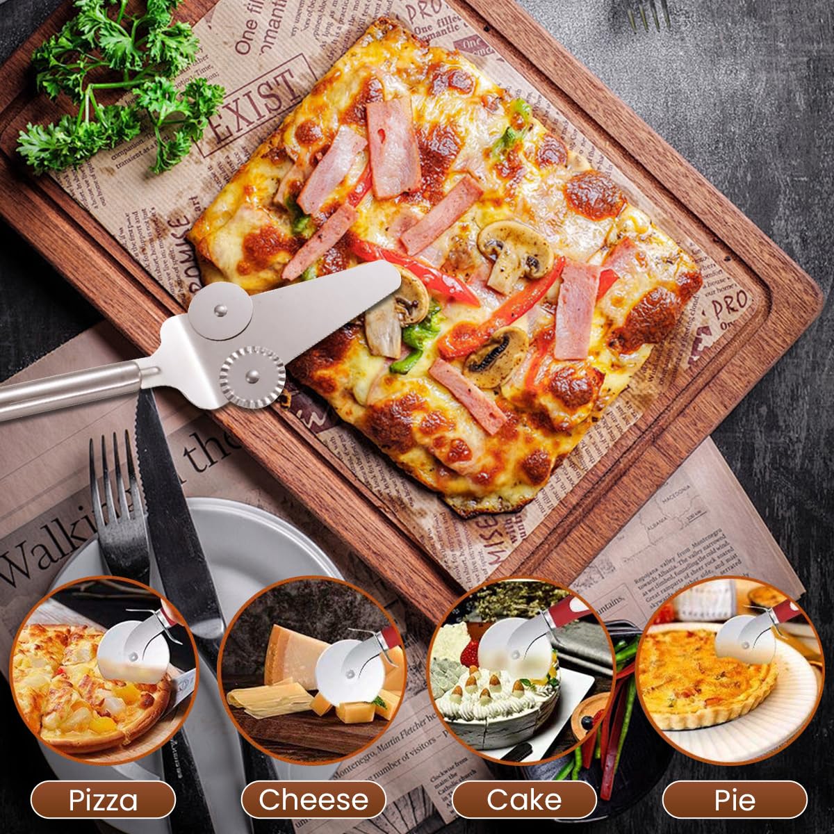 HASTHIP Pizza Cutter Wheel 2 in 1 Stainless Steel Pizza Shovel, Dual Wheel Design Pizza Cutter Cake Shove, Dishwasher Safe, Perfect for Cakes & Desserts, Dishwasher Safe