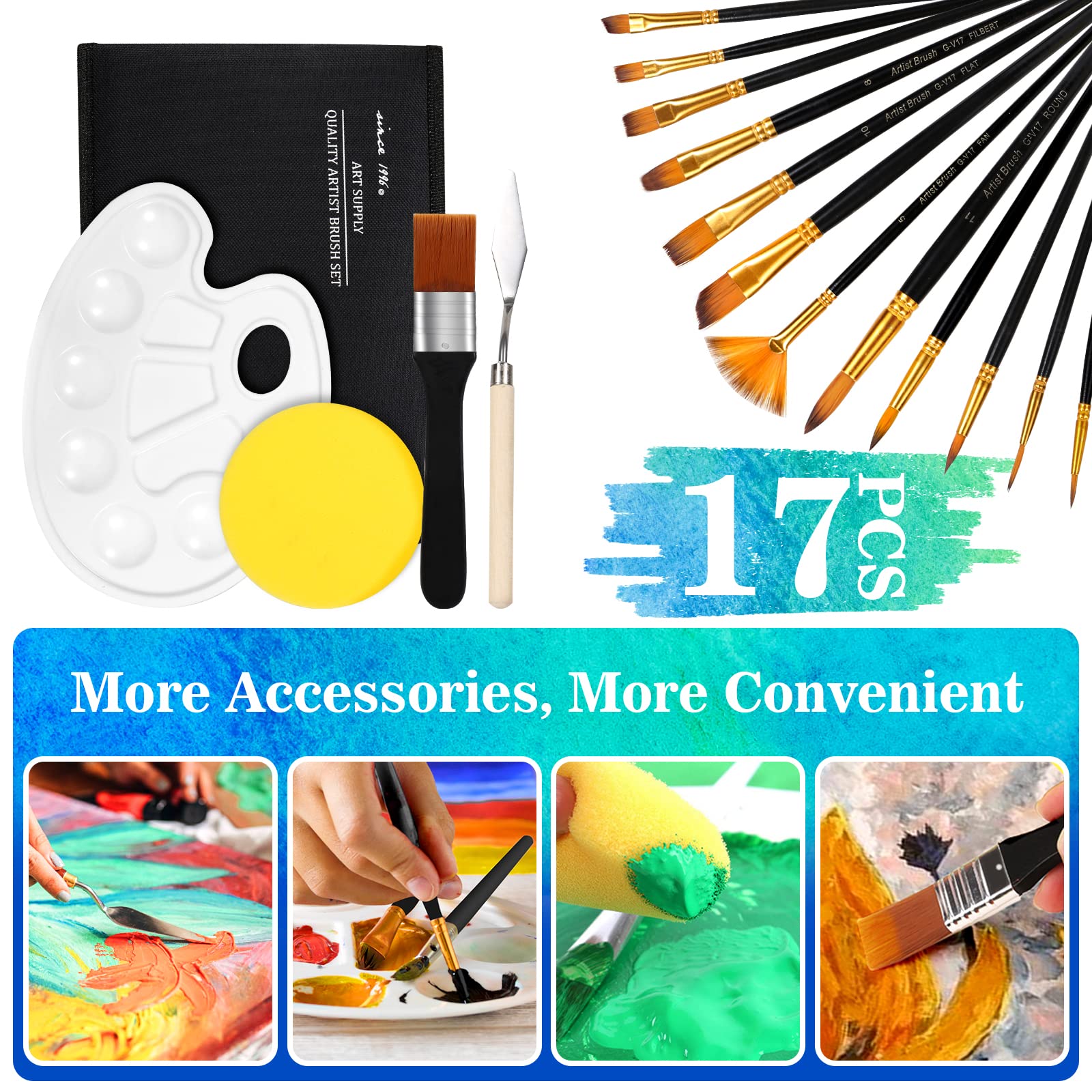 ZIBUYU Painting Brushes Set Kit Artists Paint Brushes for Acrylic Watercolor Oil Painting Brushes Soft Nylon Hairs-Free Professional Paint Brushes with Case, Palette & Sponge - 17 Pieces