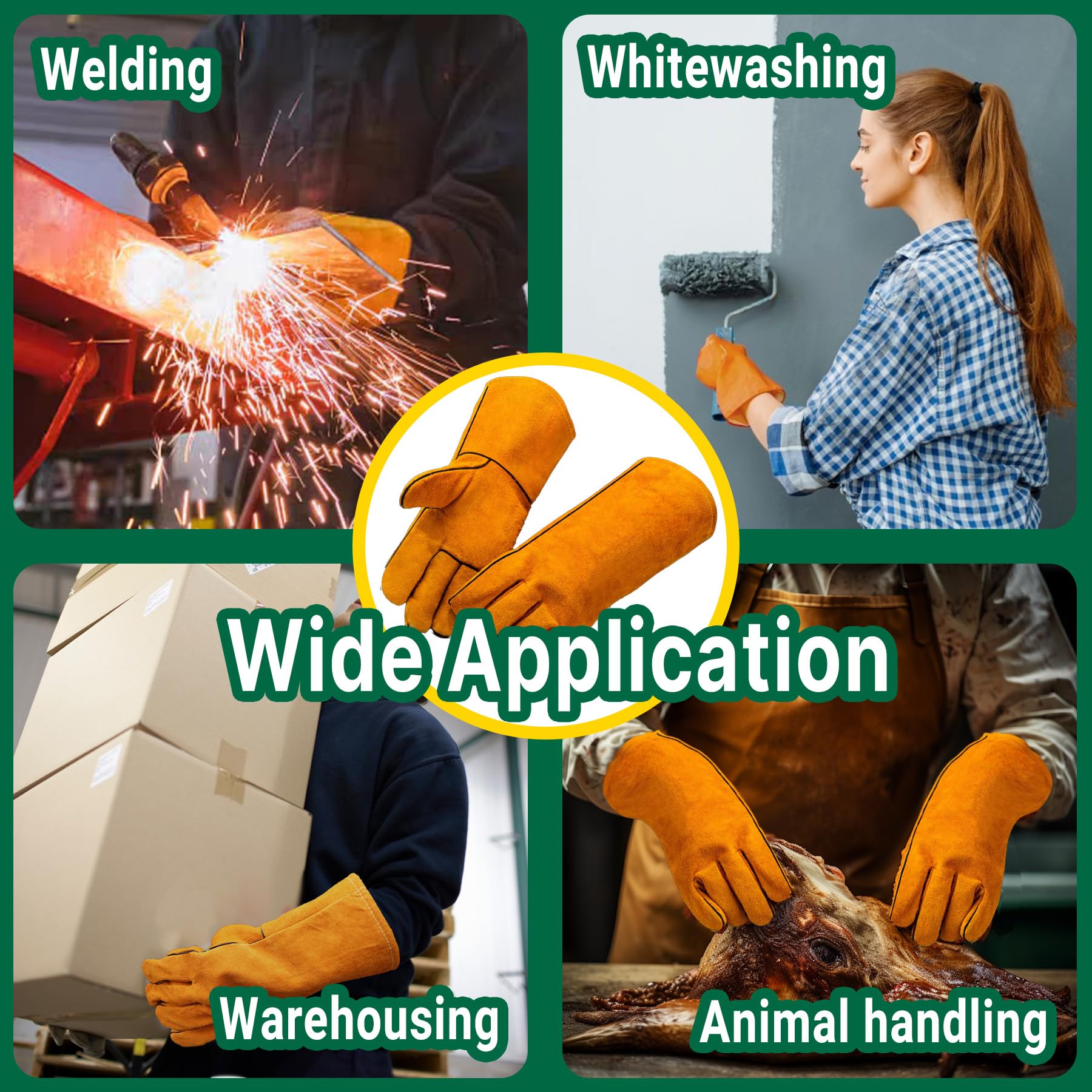 HASTHIP 14in Welding Gloves for Furnace/Tig Welder/BBQ, Heavy Duty Leather Industrial Gloves with Extra Padded Palm, Long Sleeve Heat Resistant Gloves, Heat/Fire Resistant