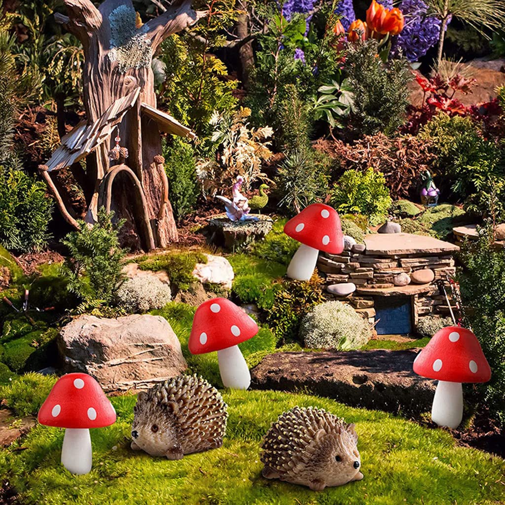 HASTHIP 6PCS Fairy Outdoor Garden Animals Figurines Outdoor Fairy Wild Garden Accessories Resin Hedgehogs and Wood Mushroom Miniature Garden for Plant Pots Bonsai Craft Decor Fairy Wild Garden