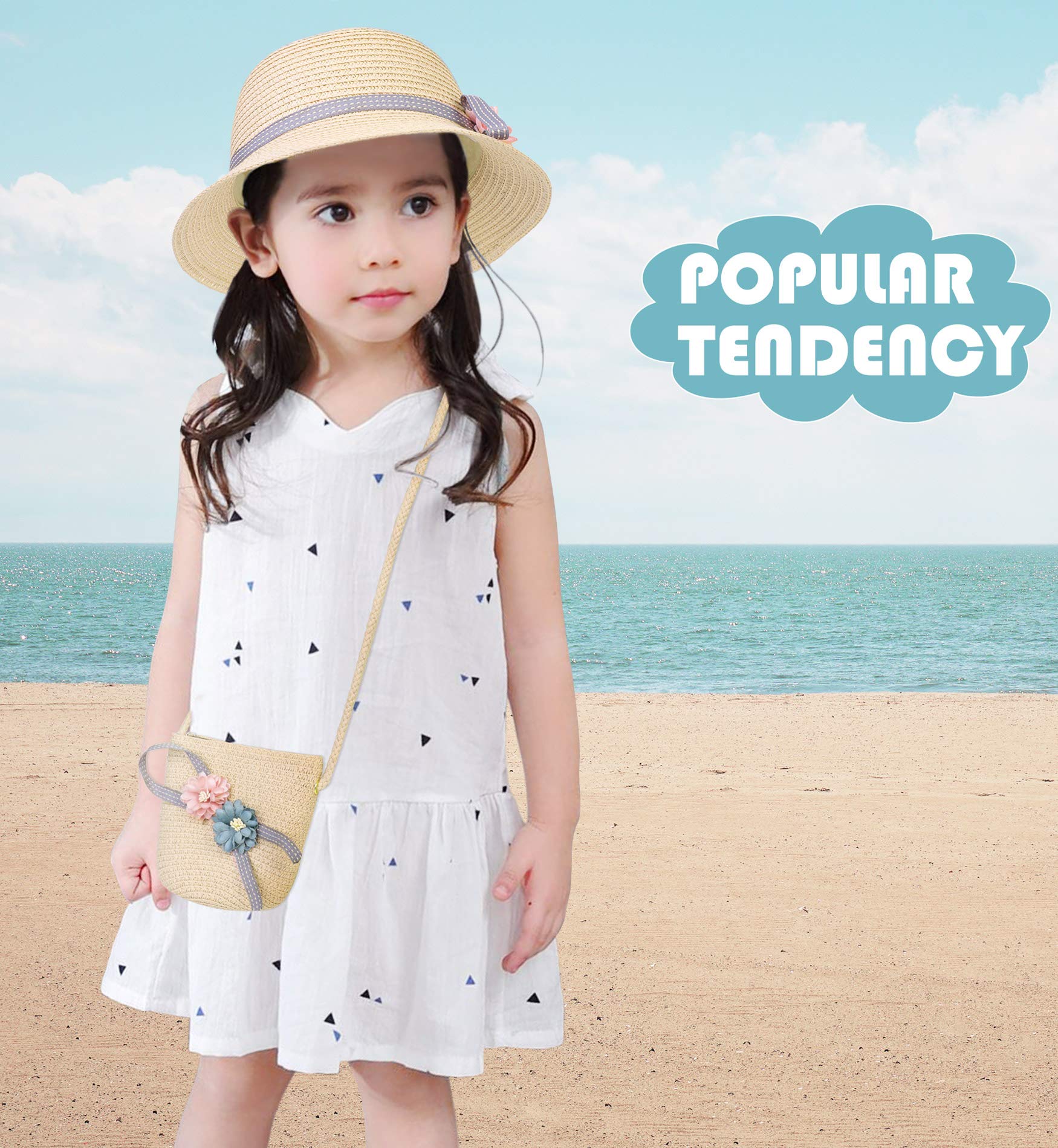 PALAY Summer Straw Hats for Girls 4-6 Year-Old Kids Flowers Straw Cap Beach Sun Hat Tea Party Hat Purse Holiday Travel Outdoor Beige