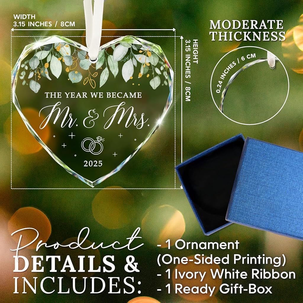 PATPAT® Gifts for Couples 2025 - Mr and Mrs Gifts - Gift Ideas for Newly Wed Couple, Bride, Bridal Shower, Future Mr & Mrs - Just Married Glass Ornament 2025, 1st Married Decorations