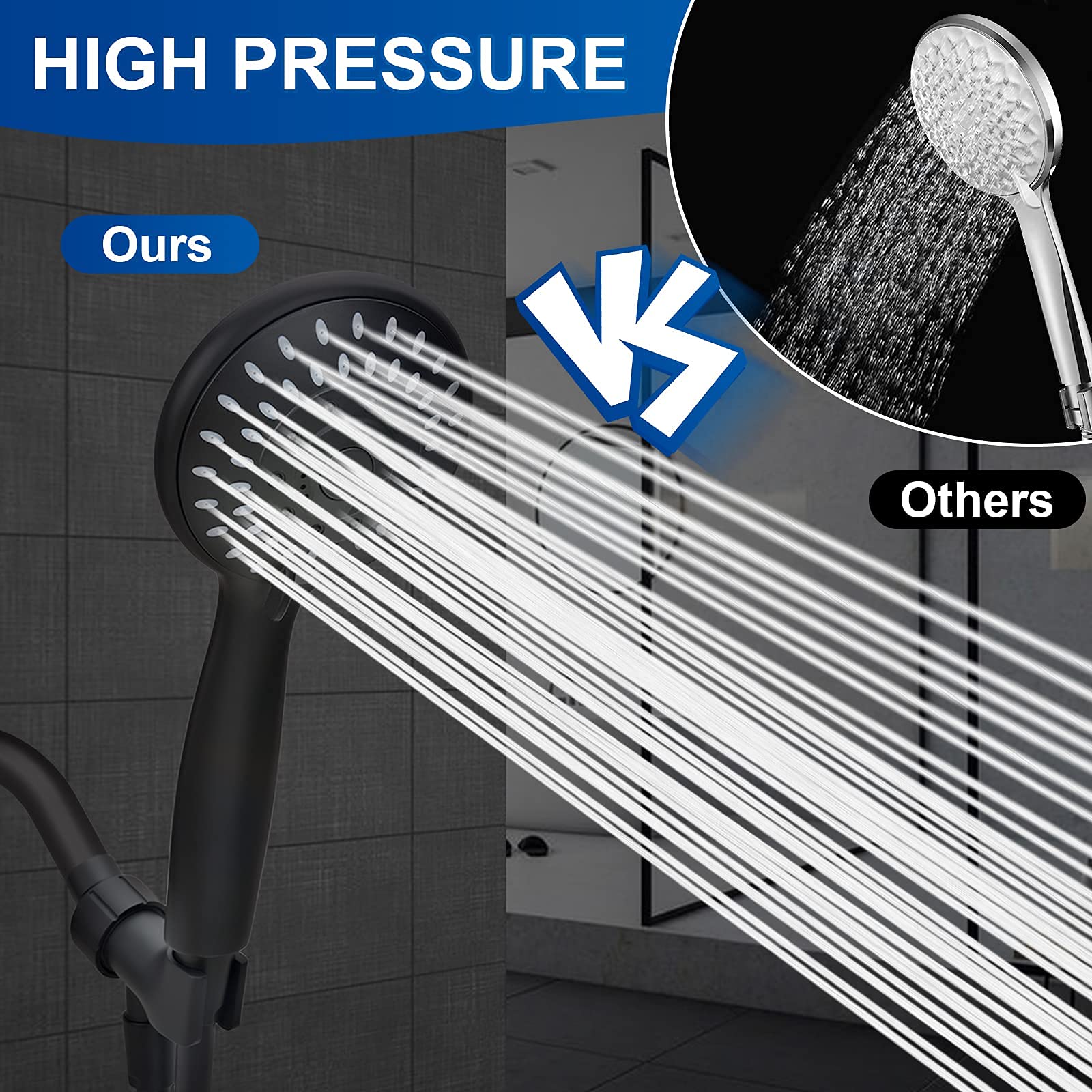 HASTHIP High-Pressure Handheld Shower, 5-Setting Powerful Shower Head with ON/Off Pause Switch & Silicone Water Outlet Holes, Standard Interface Universally Compatibility