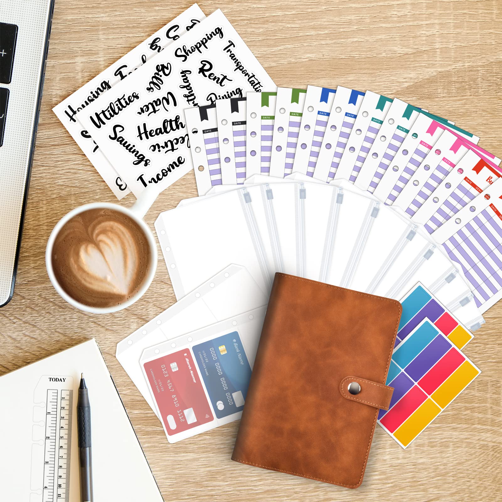 HASTHIP File Folders for Documents Ring Binder Notebook Set, A6 PU Leather File Folder with 12 Envelopes, 12 Budget Sheets, 2 Label Stickers, 1 Ruler, Executive File Clip Stationery Supplies