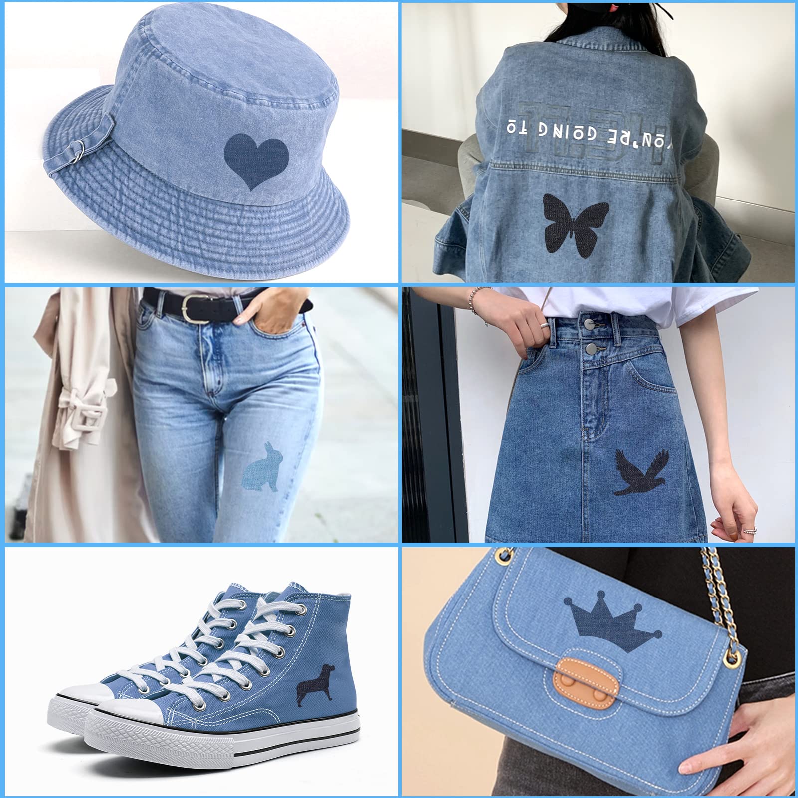 ZIBUYU Applique Patches Iron on Patches for Clothing Blue Denim Patches & 8pcs Cartoon Applique Patches, with Needle and Thread Accessories