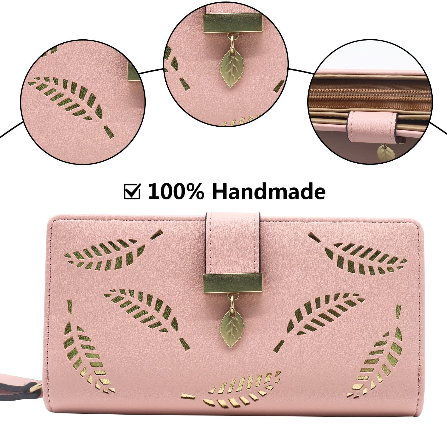 SANNIDHI Women's Leather Wallet Hollow Leaf Pattern Bifold Long Wallet (Pink)