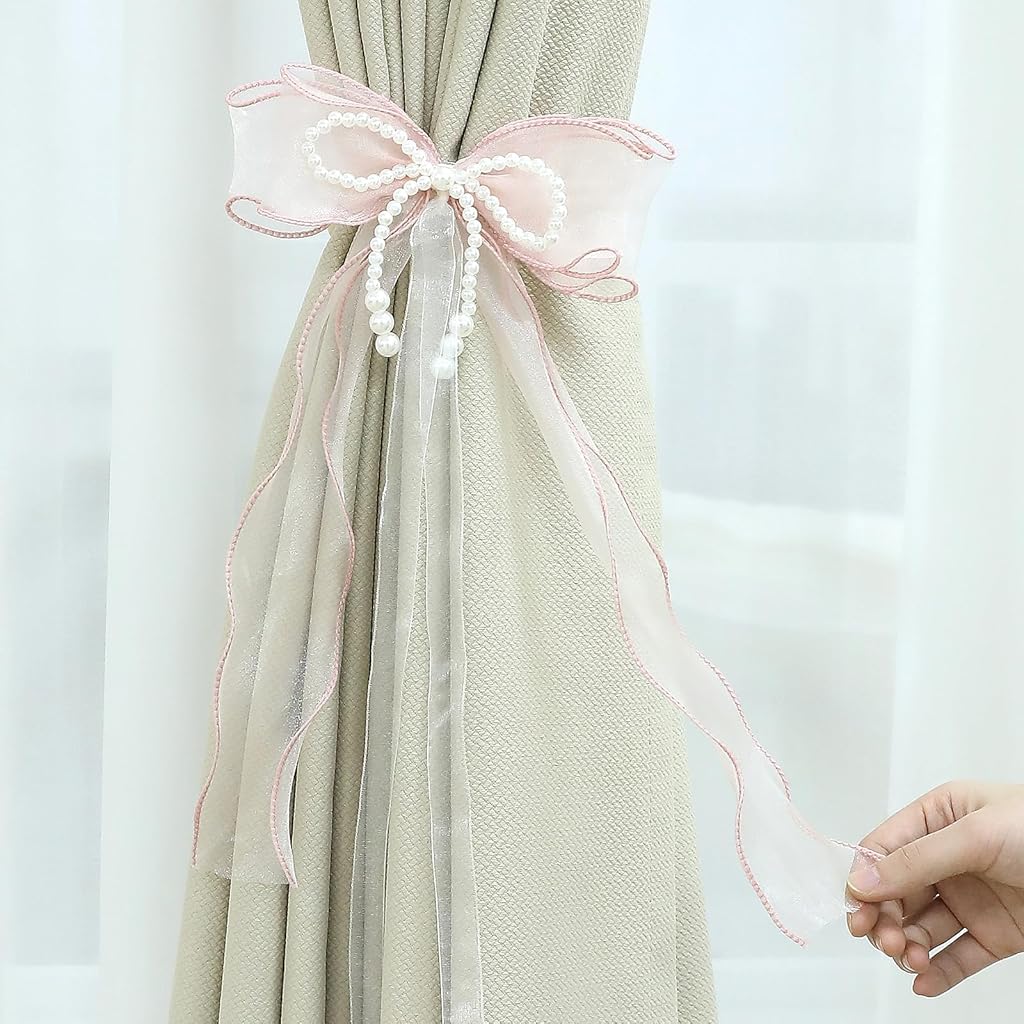 HASTHIP® 2 PCS Bow Curtain Tiebacks Elegant Pink Bow Butterfly Curtain Tiebacks with Pearls Sweet Bowknot Holdbacks for Stylish Home Bedroom Offices Dining Rooms Decoration - 31.5 in(80 cm)