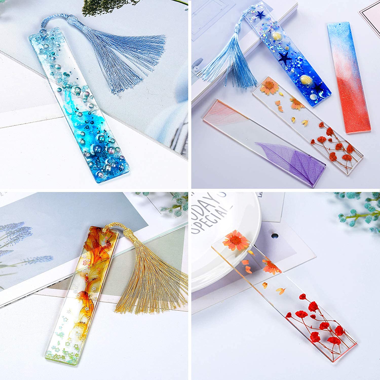 HASTHIP 6 Pack Silicon Moulds for Resin Art DIY Bookmark Resin Mold Rectangle Bookmark Silicone Molds with 6 Pieces Colorful Tassels for Jewelry DIY Craft