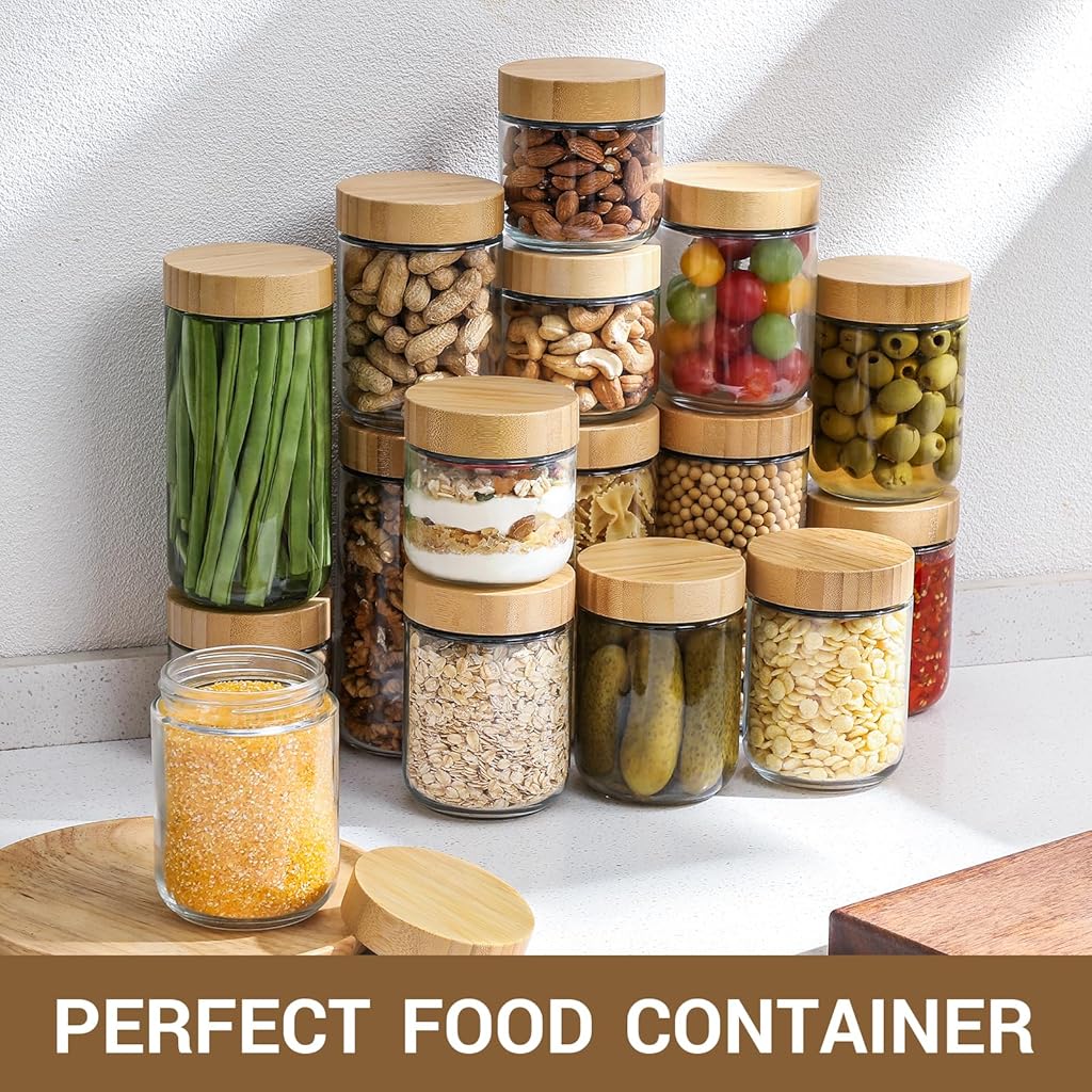 HASTHIP® 16Oz Airtight Glass Jar with Wooden Lid, Kitchen Seasoning Jar Fashion Clear Mason Jars Food Containers Food Storage Glass Bottles for Coffee Beans, Seasoning, Condiment