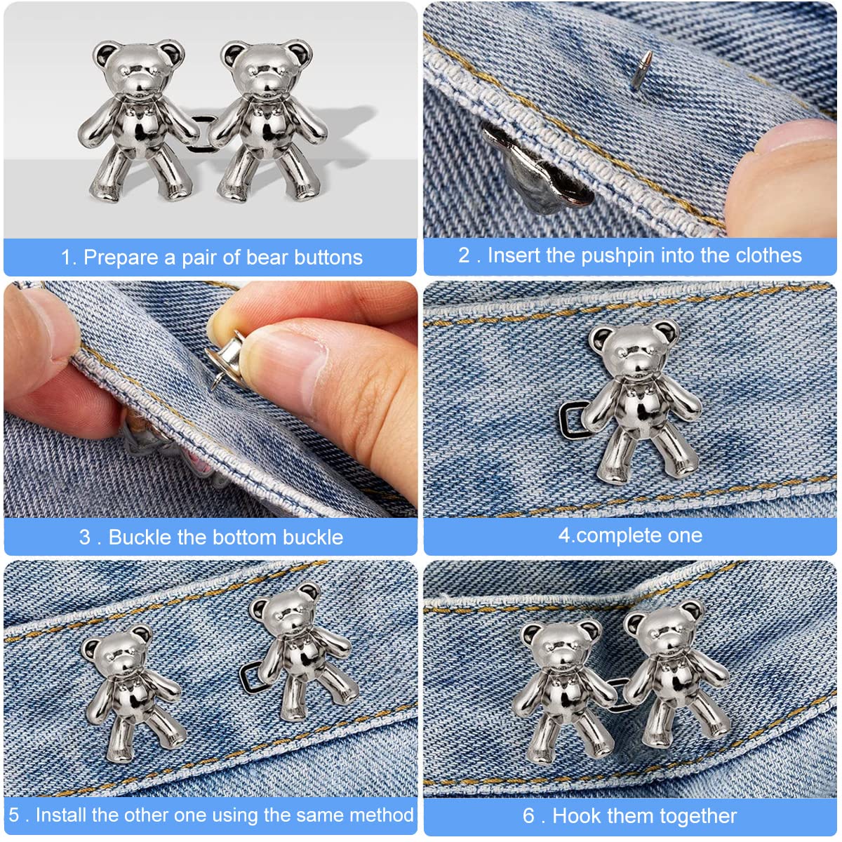 SANNIDHI 8 Pairs Detachable Jeans Button Cute Bear Button Pins for Jeans, No Sew Instant Adjustable Waist Buckle Loose Jeans Waist Adjuster Tightener for Skirt Pants