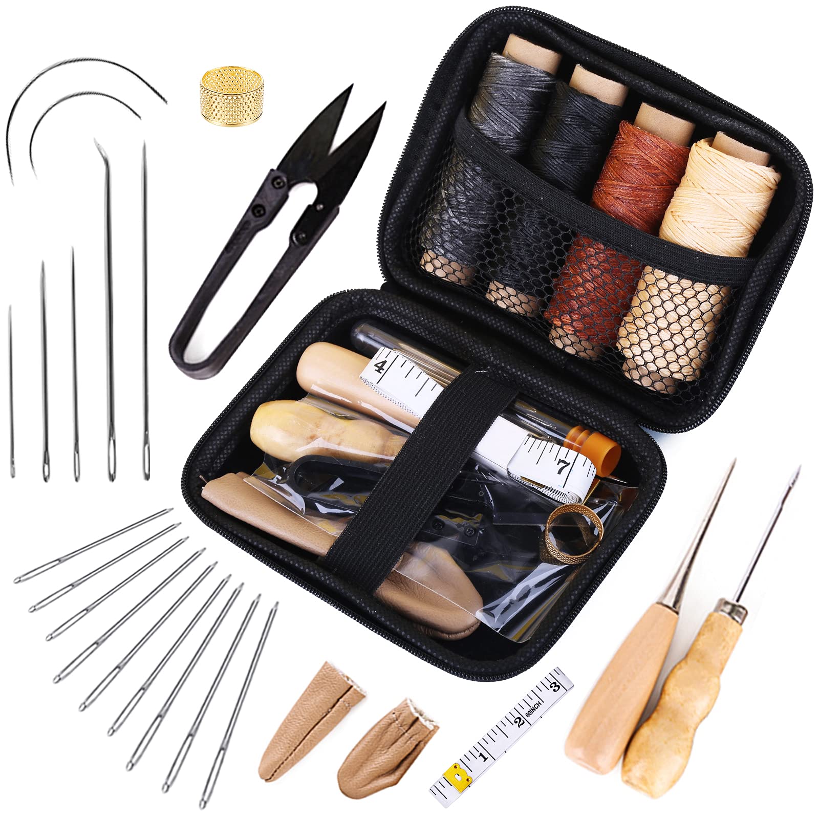 HASTHIP Leather Sewing Kit, Leather Working Kit with Large-Eyed Stitching Needles, Waxed Thread, Leather Upholstery Repair Kit, Leather Sewing Tools for DIY Leather Craft with Storage Bag