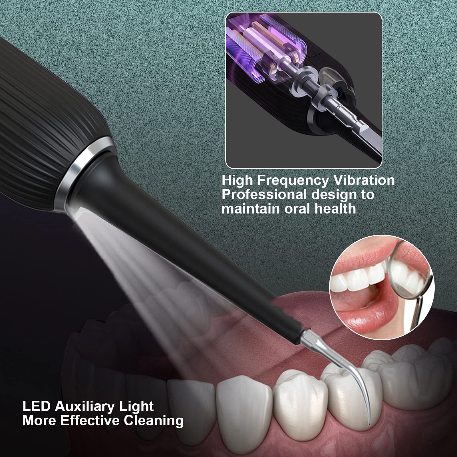 HANNEA Teeth Cleaner kit with 3 Working Modes Portable Tooth Cleaner 2 Replaceable Heads and LED Light Teeth Stain Remover Cleaning Kit Dental Care Tools