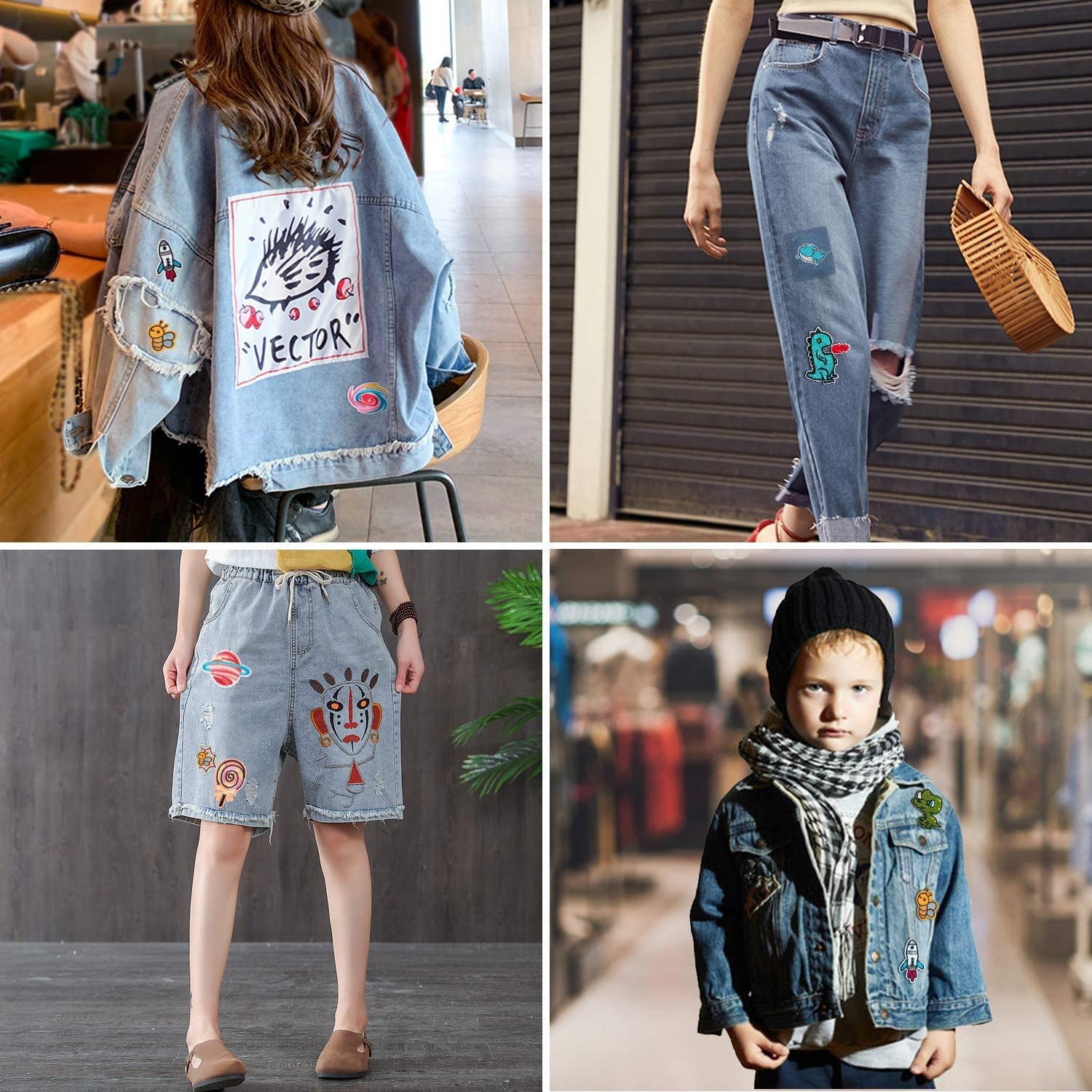 ZIBUYU Applique Patches Iron on Patches for Clothing Blue Denim Patches & 8pcs Cartoon Applique Patches, with Needle and Thread Accessories