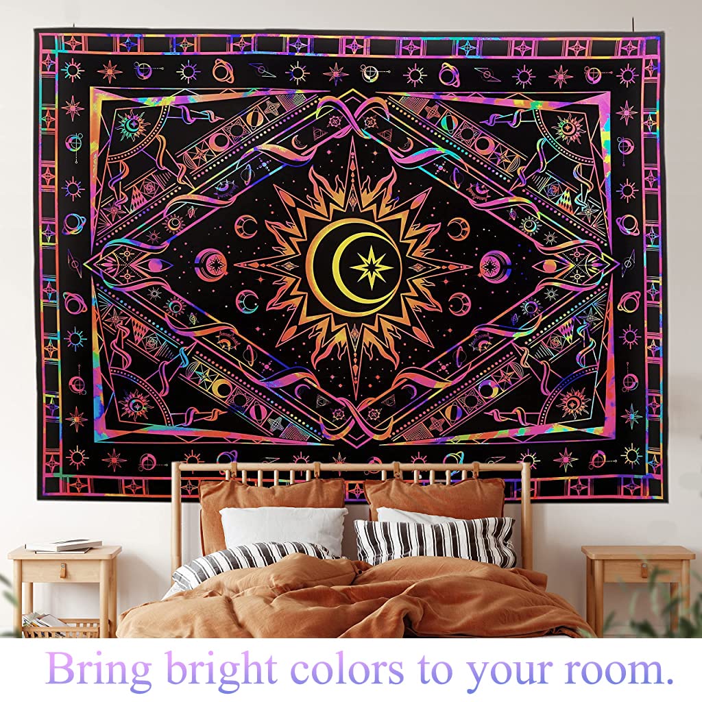 HASTHIP Blacklight Tapestry UV Reactive Tapestry Glow in The Dark, Sun and Moon Tapestry, Aesthetic Tapestry Wall Hanging Tapestry Fluorescence Tapestry Night Glow Tapestries (51.2 in x 59.1 in)