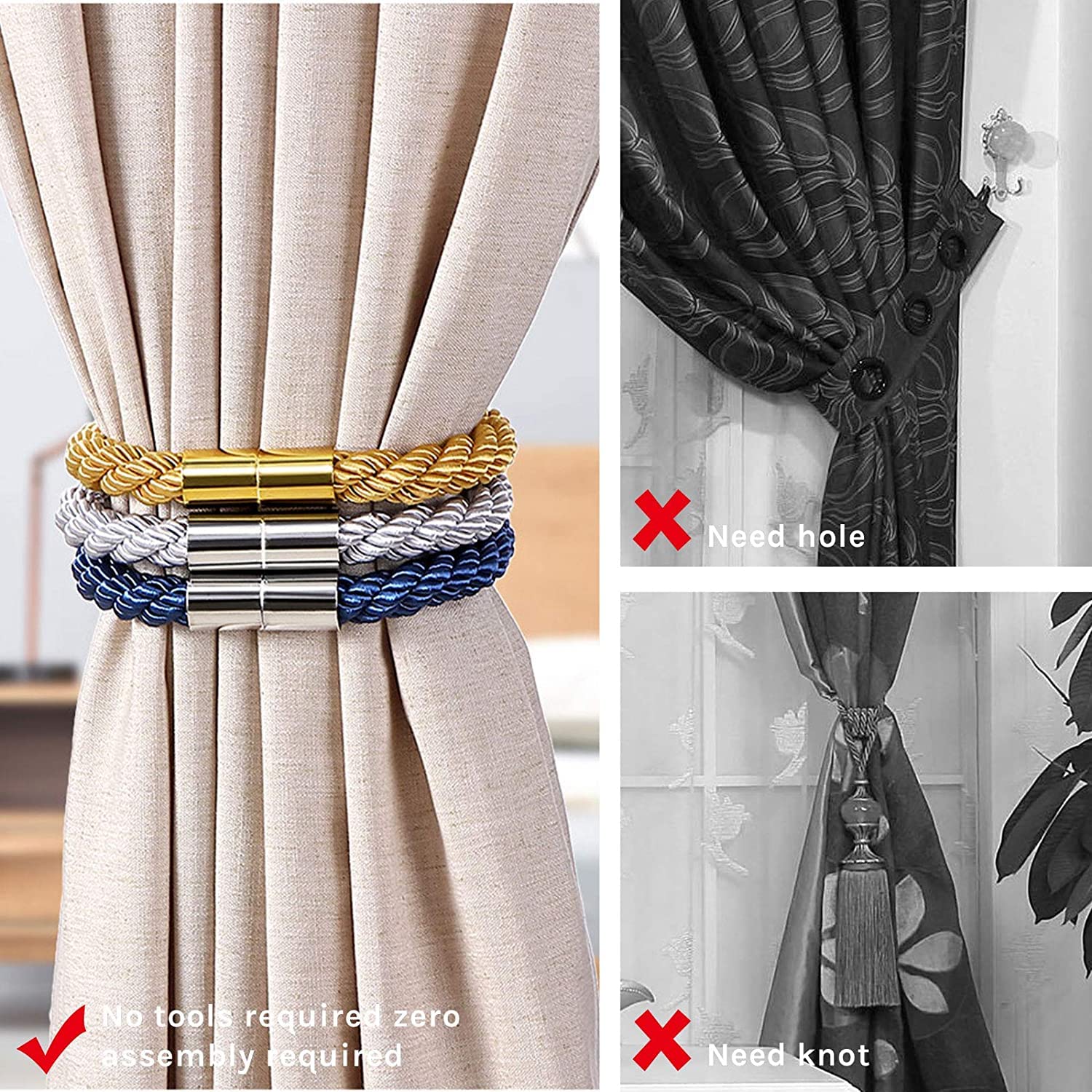 HASTHIP Magnetic Curtain Tie Backs Clips Curtain Buckles Holdbacks Binding Weaving Tie Band 2 Pieces for Home Office Decorative Medium Gold
