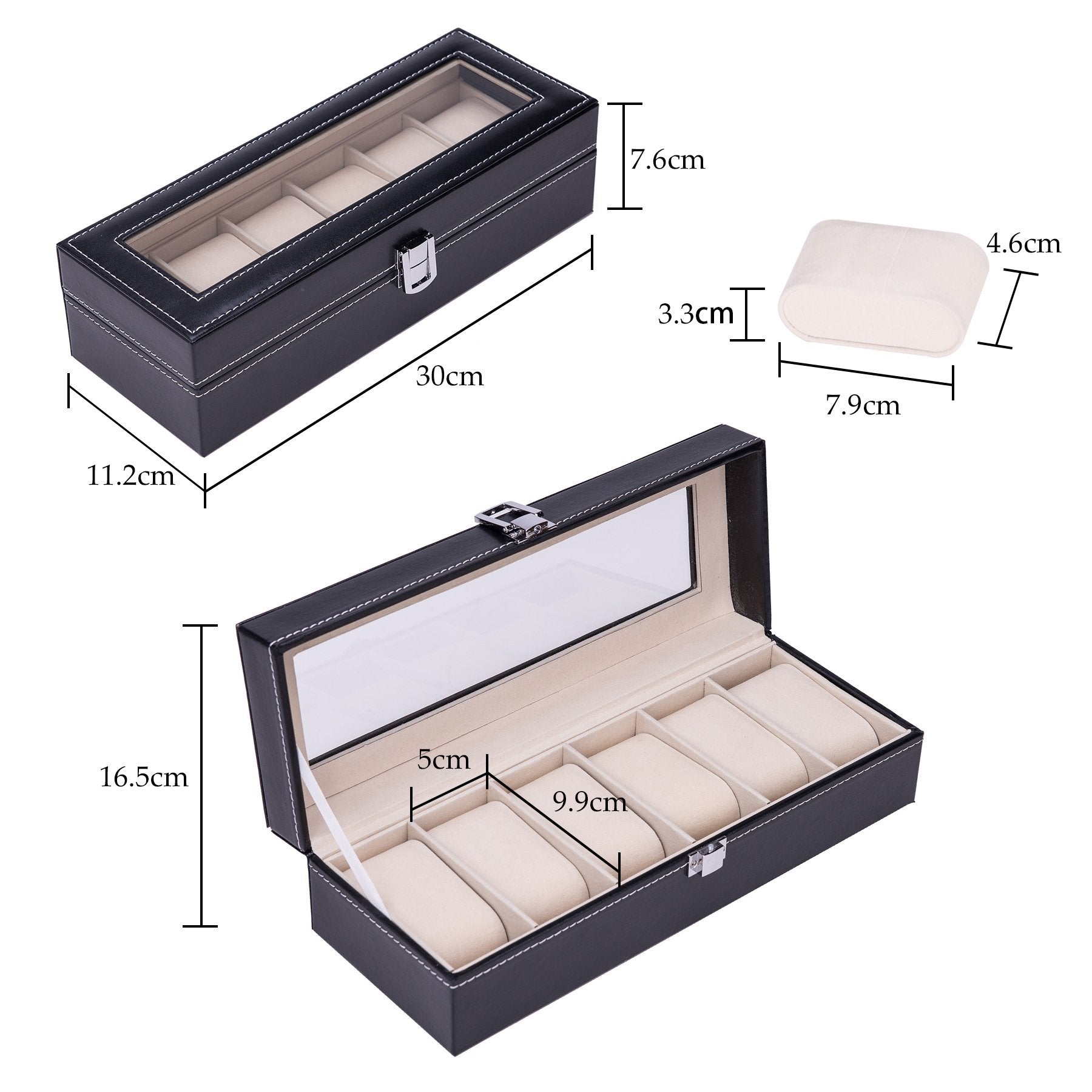 HASTHIP Watch Box 6 Slots, Leather Watch Storage Box with Lock & Transparent Window, Watch Case Black Watch Box - Pu Material Waterproof (No Watch)