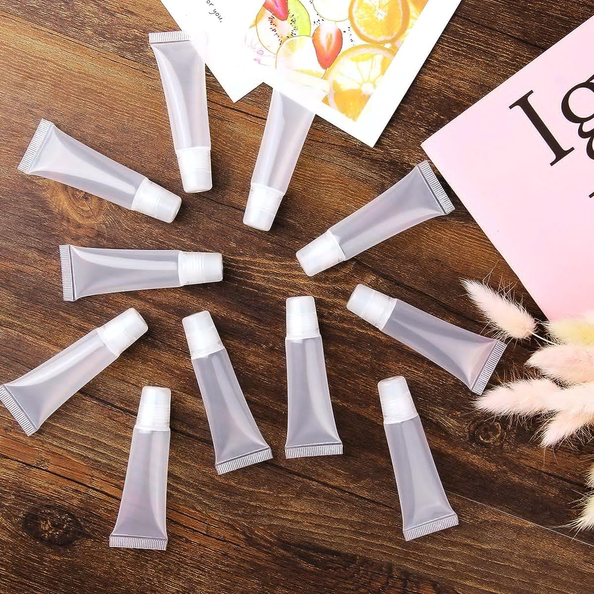 MAYCREATE 50pcs Clear Lip Gloss Tubes Set, 10ml Empty Lip Balm Containers with Caps, Syringes & Labels Kit, Plastic Soft Squeeze Tubes for DIY Cosmetic Sample Pigment Powder (Sample Not Included)