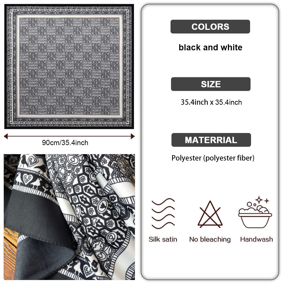 PALAY Scarf for Women Square Scarfs Satin Silk-Like Hair Scarves Wraps Headscarf (Black - B)