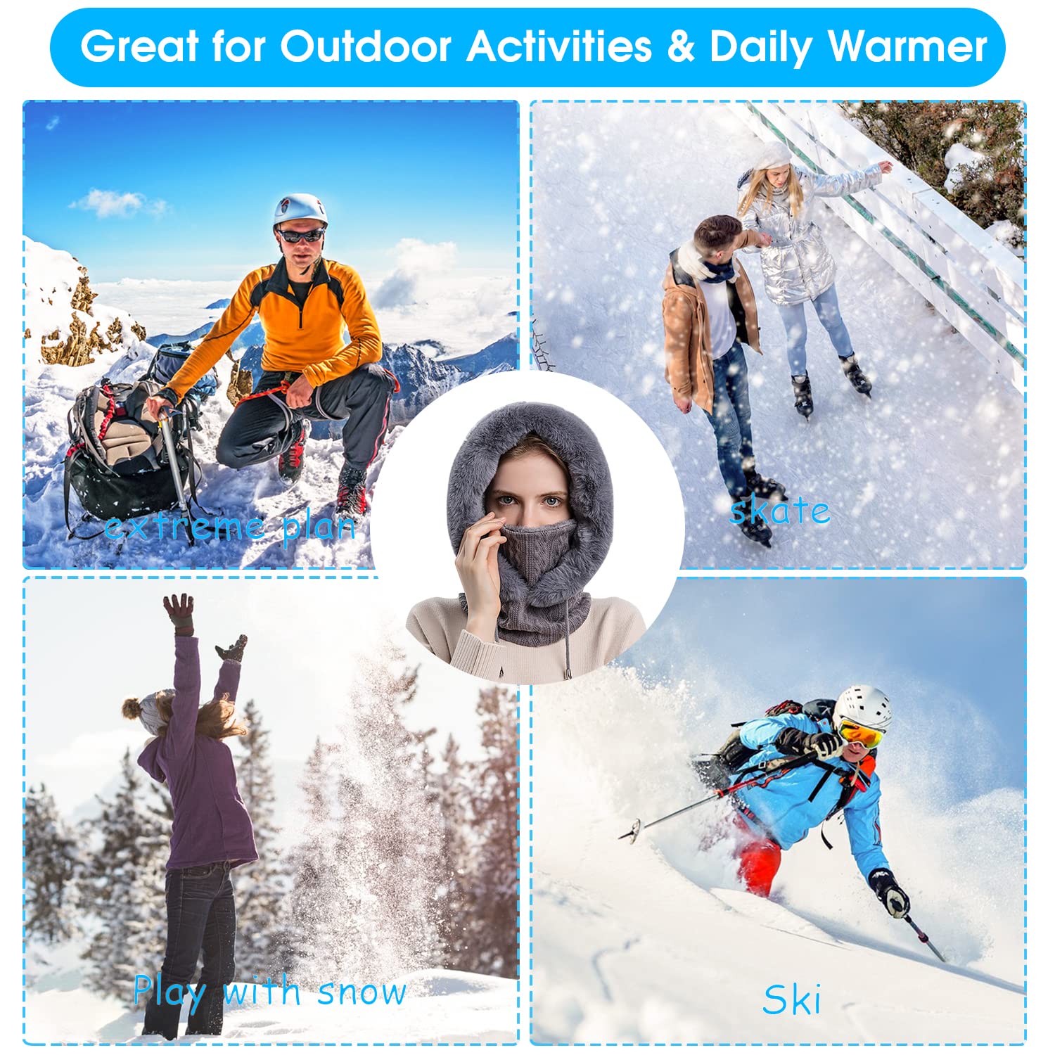 PALAY Winter Cap for Women One-piece Knitted Warm Winter Hat with Neck Warmer Hood Scarf & Mask, Fashion Snow/Wind Proof Soft Fleece Lined Scarf Hat for Outdoor Riding Skiing (Black)