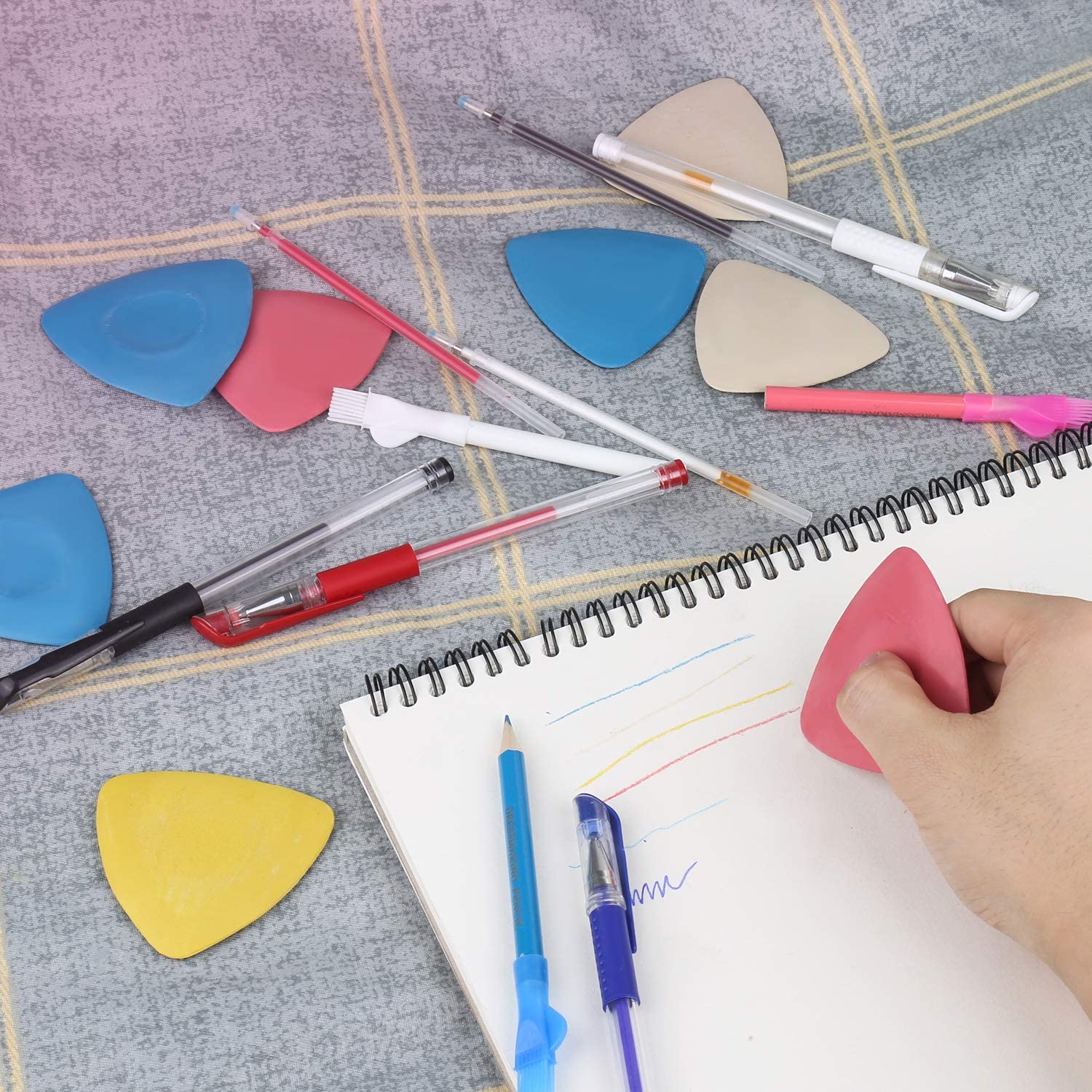 HASTHIP 10 Pcs of Color Tailor Chalk, 2 Sewing Fabric Pencils with Brush and Tailoring Tool Set with 4 Erasable Fabric Marking Pens with 4 Refills, DIY Supplies