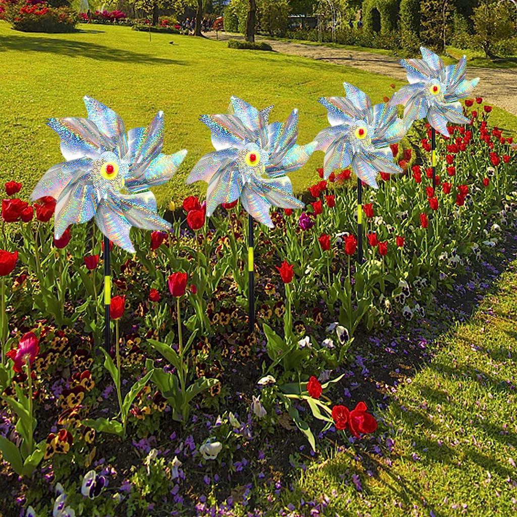 Optifit 5Pcs Bird Repellent for Balcony, Silver Reflective Pinwheels Pigeon Scarer, Ornamental 8-Blade Windmill Anti Bird Device for Roof Edge, Fence, Garden Yard Lawn