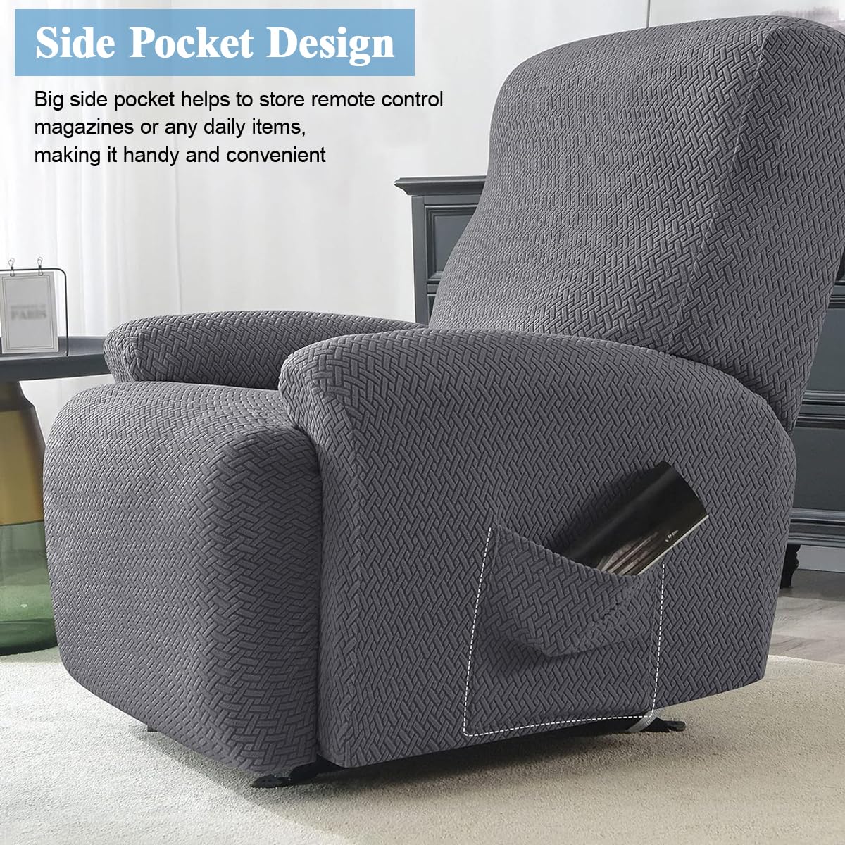 HASTHIP 4Pcs Recliner Chair Cover, Stretch Recliner Slipcover Latest Jacquard Chair Cover for Recliner Chair Soft Reclining Chair Slipcover Jacquard Pattern Furniture Protector