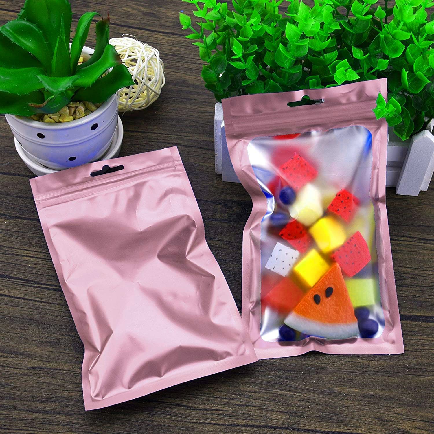 HASTHIP 100 Pcs Smell Proof Mylar Bags, Chocolate Bags Candy Bags Treat Bag Cookie Bags, Resealable Multifunctional Bags for Storing Food, Jewellery and Hardware (Pink, 8 X 13cm)