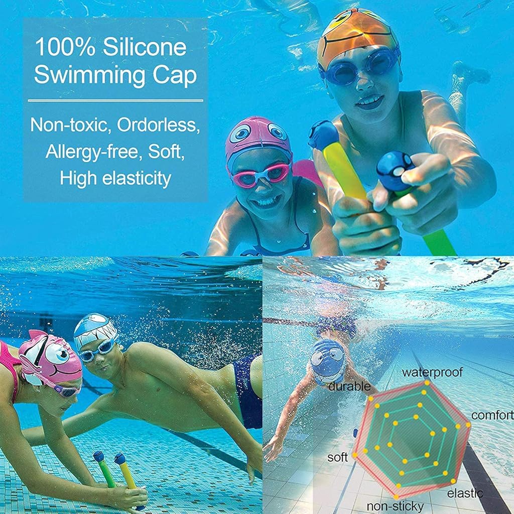 Proberos® Swimming Cap for Boys Girls with Ear Plug and Nose Clip Waterproof Silicone Ideal for All Head Shape Kids Age 3-12 2PCS