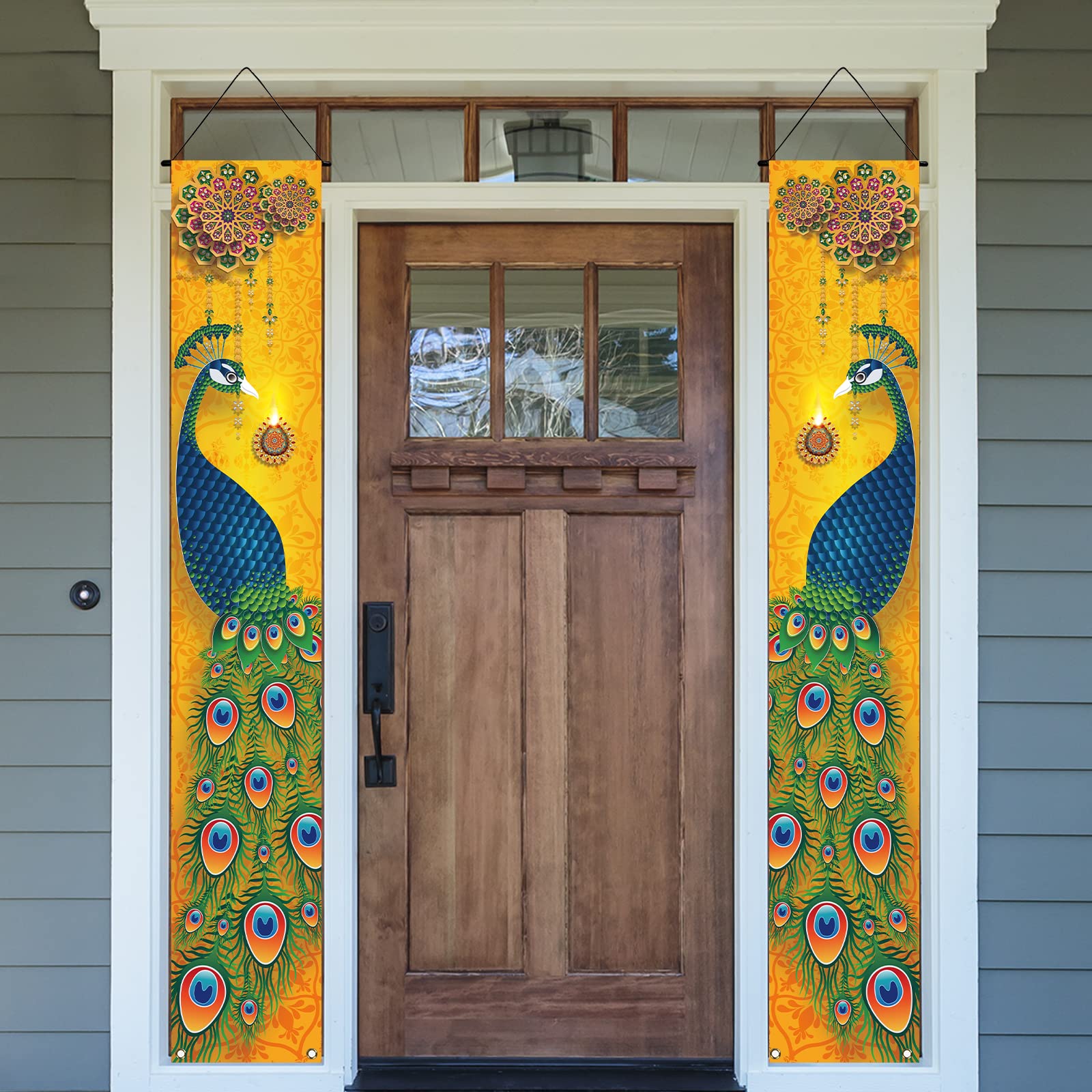 HASTHIP 1 Pair Happy Diwali Hanging Banner Porch Sign Decorations, Deepavali Indian Festival of Lights Peacock Indian Holiday Party Front Door Wall Hanging Banner Decoration, 12×71''