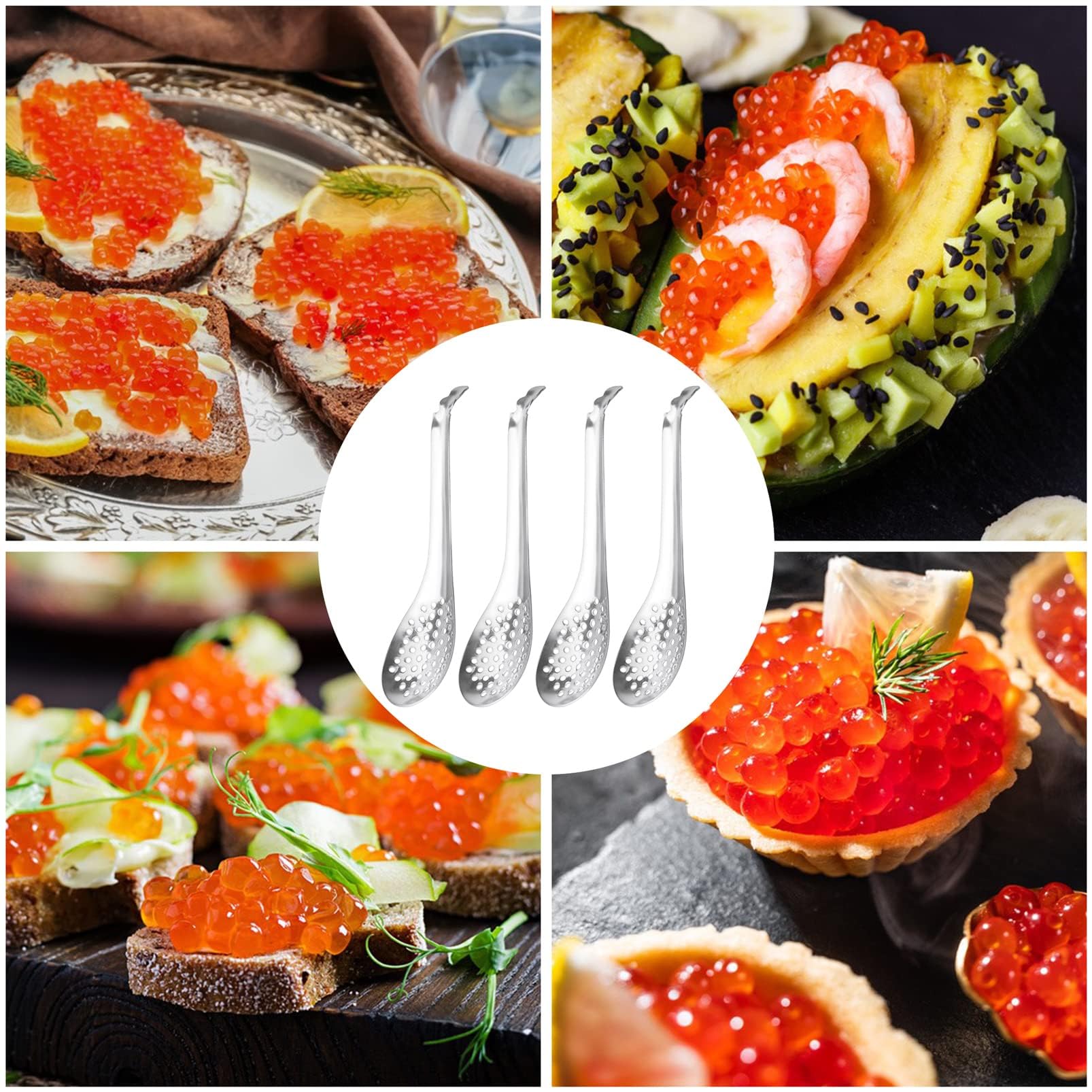 Supvox 4Pcs Spherification Spoon, Stainless Steel Caviar Spoon Perforated Slotted Spoon Kitchen Cutlery Set (Silver)