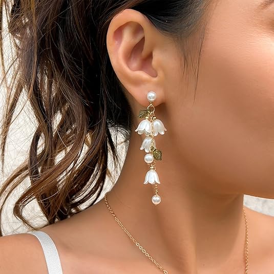 SANNIDHI® 1 Pair Drop Earrings for Women Girls Dangle Earring White Lily of the Valley Pendent Charm 2.95 inch Tassel Floral Elegance Drop Earrings Women Jewelry Gift