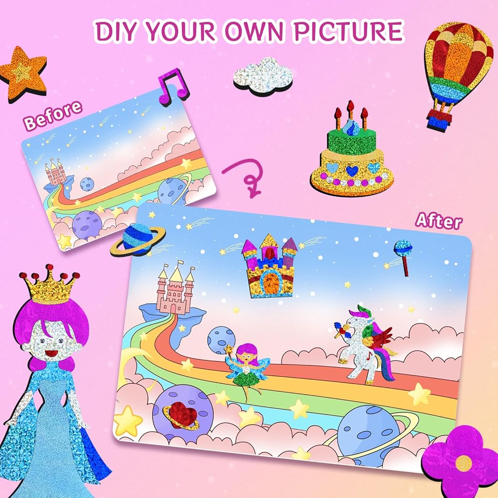 PATPAT Foil Arts and Crafts for Kids Ages 4-8 Sparkling Foil Art Kit Beginners DIY Foil Paint Art Kit 3D Art Kit Peel-and-Stick Matching Foil Art Kit Children's Day Gift Birthday Gift for Girls