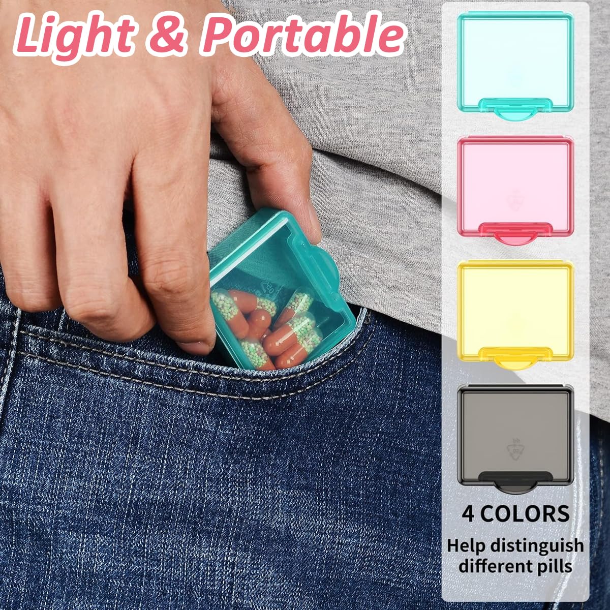 HANNEA 4Pcs Pill Box Portable Pill Box 1.7 Inches Color Square Transparent Pill Box Food Grade PP Travel Pill Box Pill Case Medicine Pill Box for Supplyments, Capsules, Tablets, Fish Oil, Vitamin
