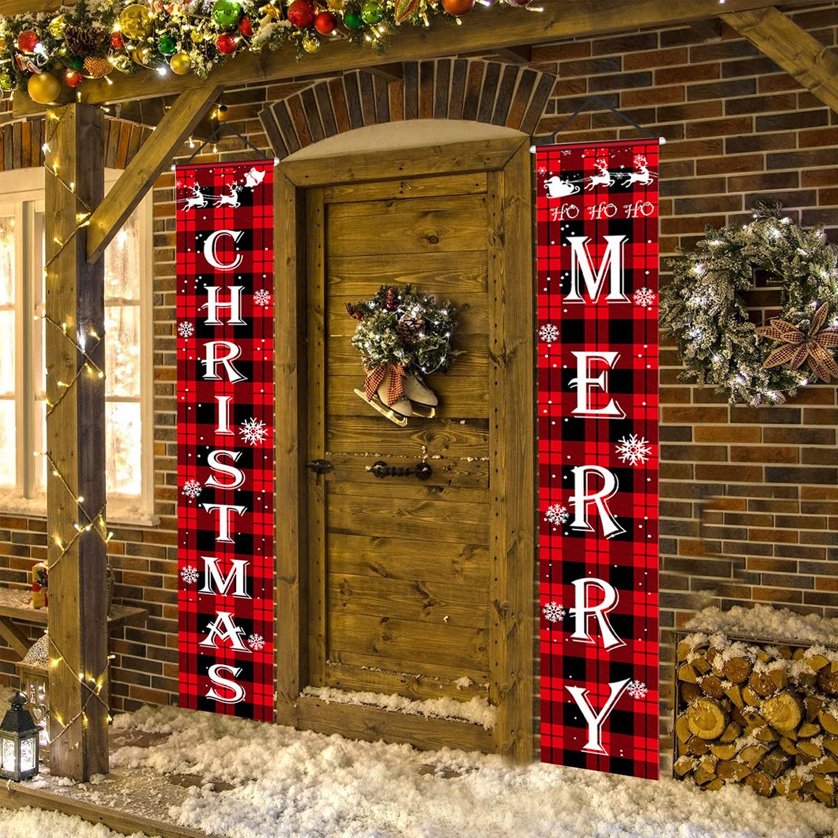 HASTHIP Christmas Decorations Outdoor Yard Front Porch Sign Set, Red Black Buffalo Plaid Door Banner, Hanging Merry Christmas Decorations for Home Indoor Outdoor Xmas Decor Wall Front Door Yard
