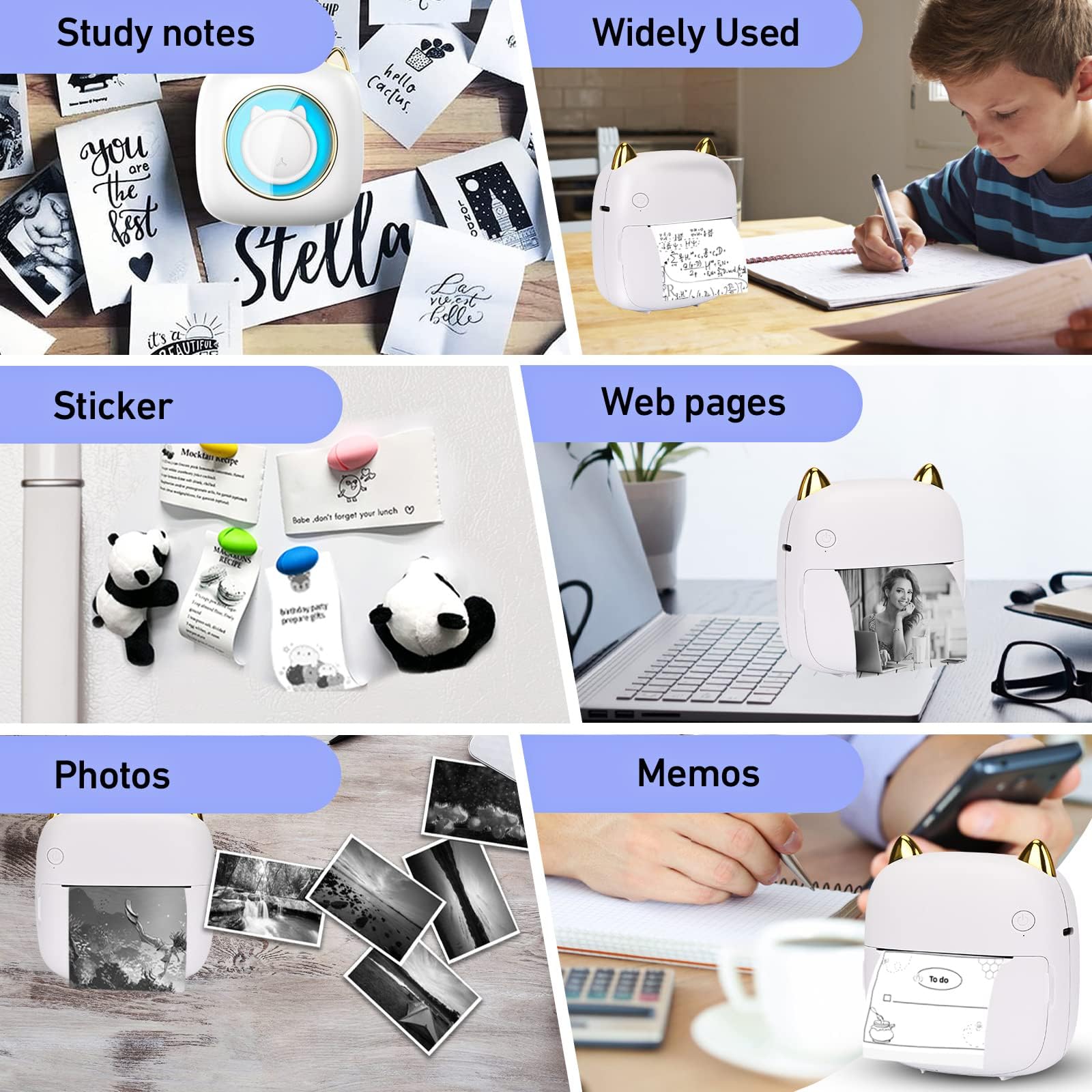 ZORBES Mini Printer Bluetooth Thermal Printer Black & White Portable Photo Printer Compatible with iOS, Android, Wireless Printer with 6 Rolls Printing Paper for Printing Label, Journal, Study Note