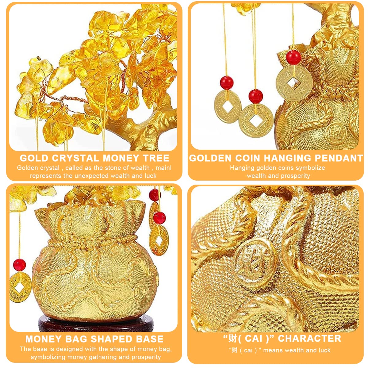 HASTHIP Feng Shui Tree Crystal Tree of Life, Good Luck Items for Home Decor, Golden Money Tree with 6 Hanging Coin Charms, Crystals Decoration Ornament Sculpture (19X18X8cm)