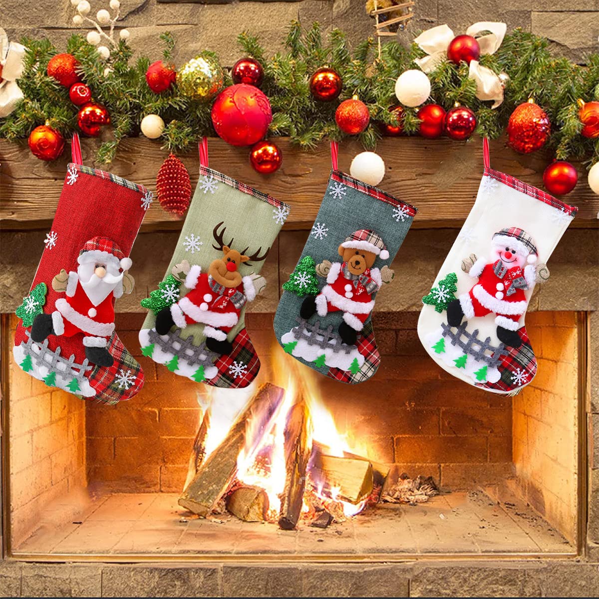 HASTHIP Set of 4 Christmas Decorations Stocking, 10 inch Linen Christmas Gift Stocking, Hanging Christmas Stockings Set Christmas Stocking Christmas Stocking for Window, Christmas Socks