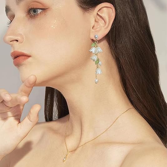 SANNIDHI® 1 Pair Drop Earrings for Women Girls Dangle Earring White Lily of the Valley Pendent Charm 2.95 inch Tassel Floral Elegance Drop Earrings Women Jewelry Gift
