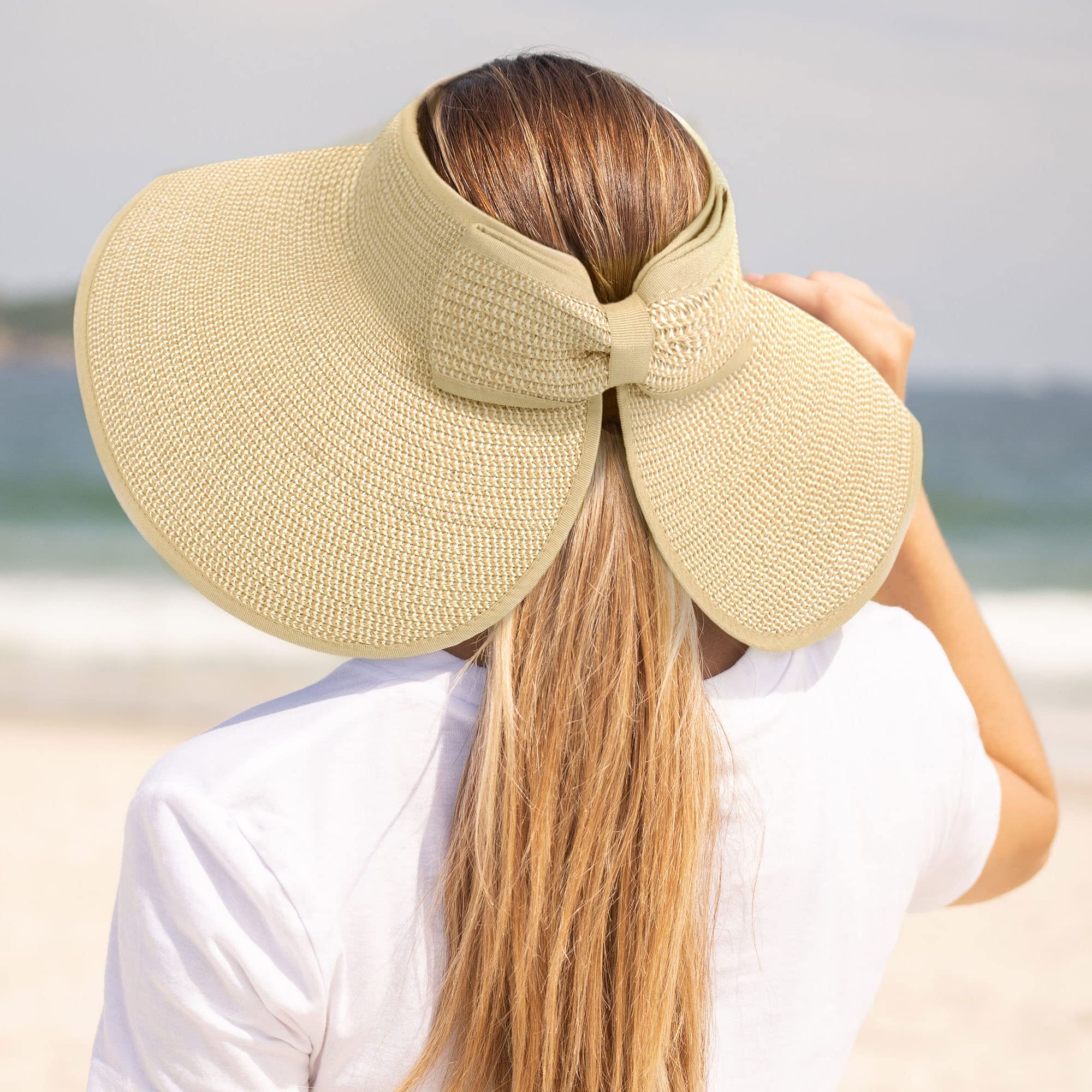 PALAY Sun Hat for Women Extra Wide Brim Straw Beach Cap for Women Stylish Summer Hats Fold Sun Hat, Sun Protection Hat Cap for Girl Women Beige