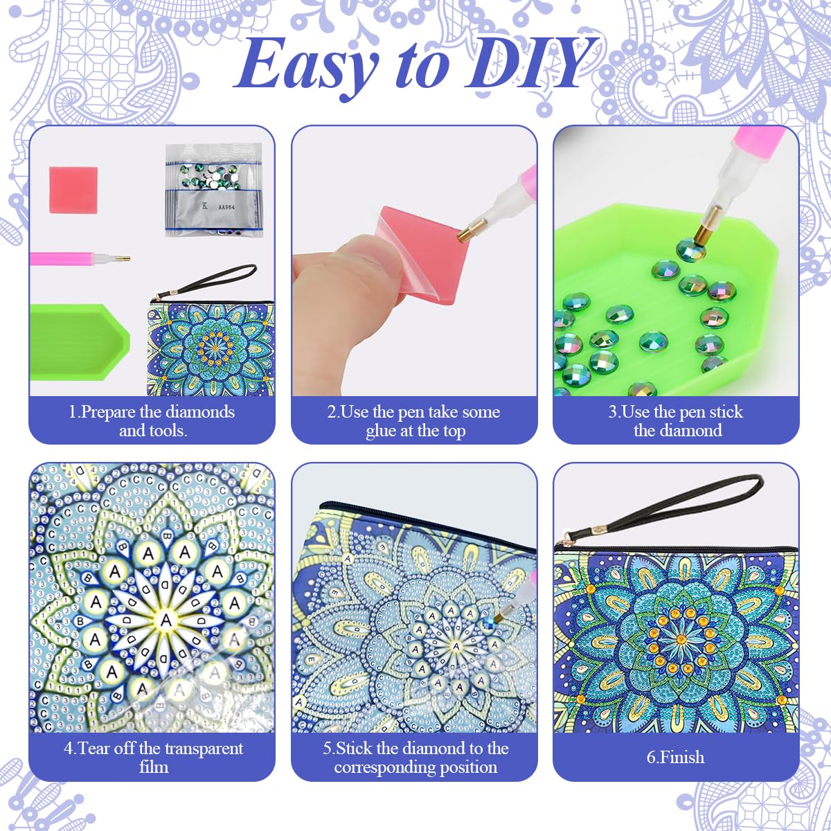 HASTHIP DIY Makeup Bag Diamond Painting Art Material Kit with Color Gem Packs, Tools & Accessories, Blue Mandala Diamond Painting Utility Bag with Lanyard DIY Diamond Craft Gift, 8.26x6.29 inches
