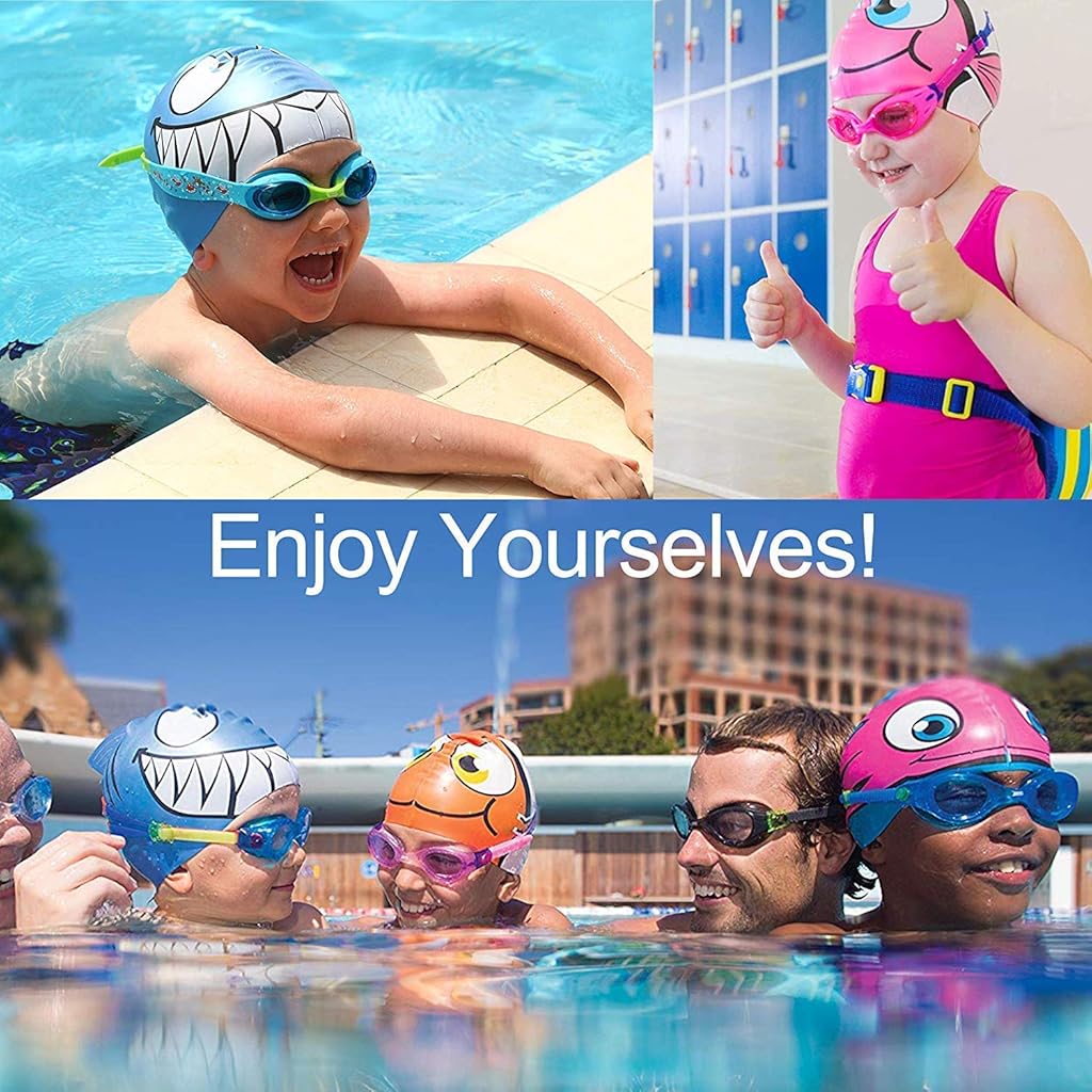 Proberos® Swimming Cap for Boys Girls with Ear Plug and Nose Clip Waterproof Silicone Ideal for All Head Shape Kids Age 3-12 2PCS