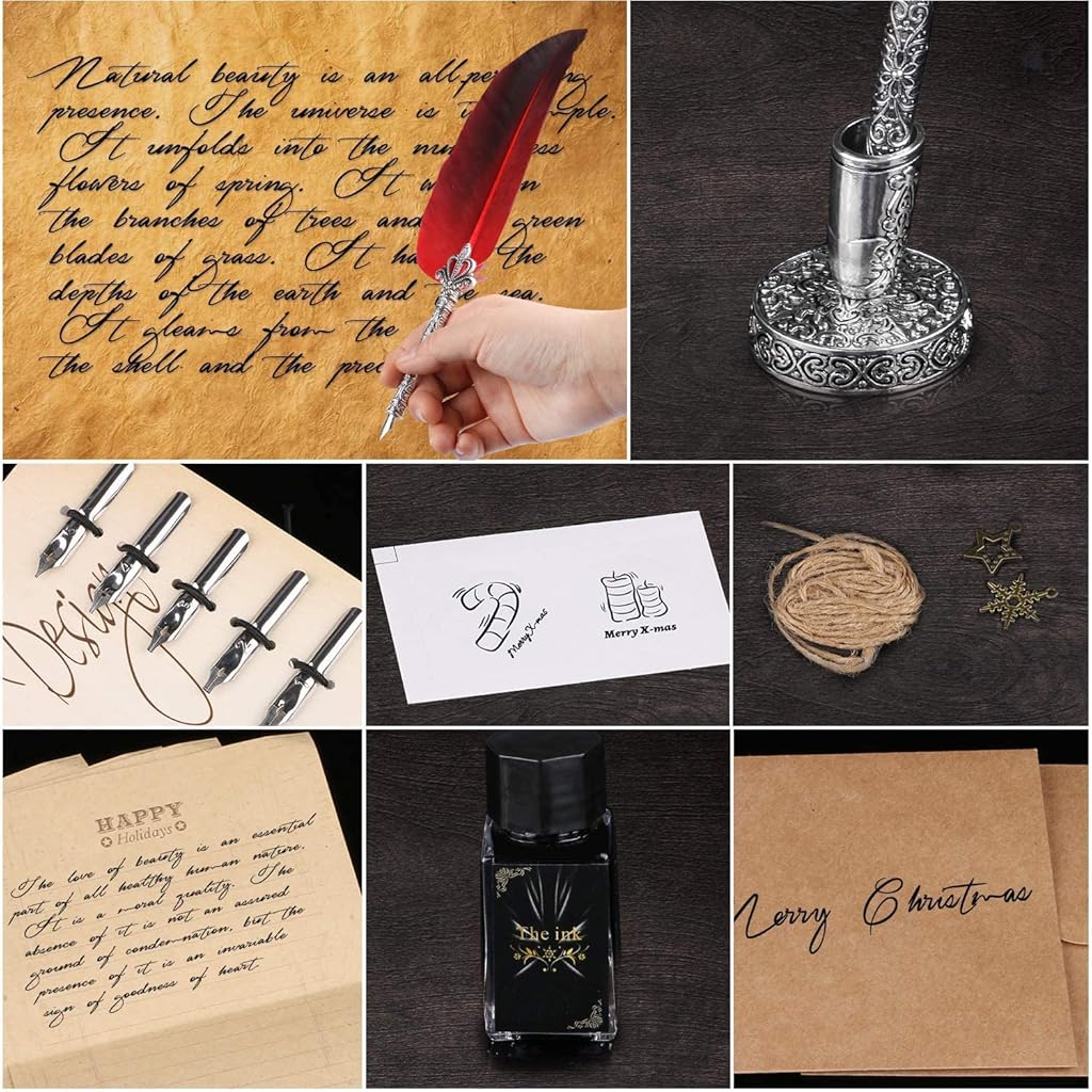 HASTHIP® English Calligraphy Feather Dip Quill Pen Writing Ink Set Stationery Gift Box with 5 Nibs and Ink Red 3 PCS