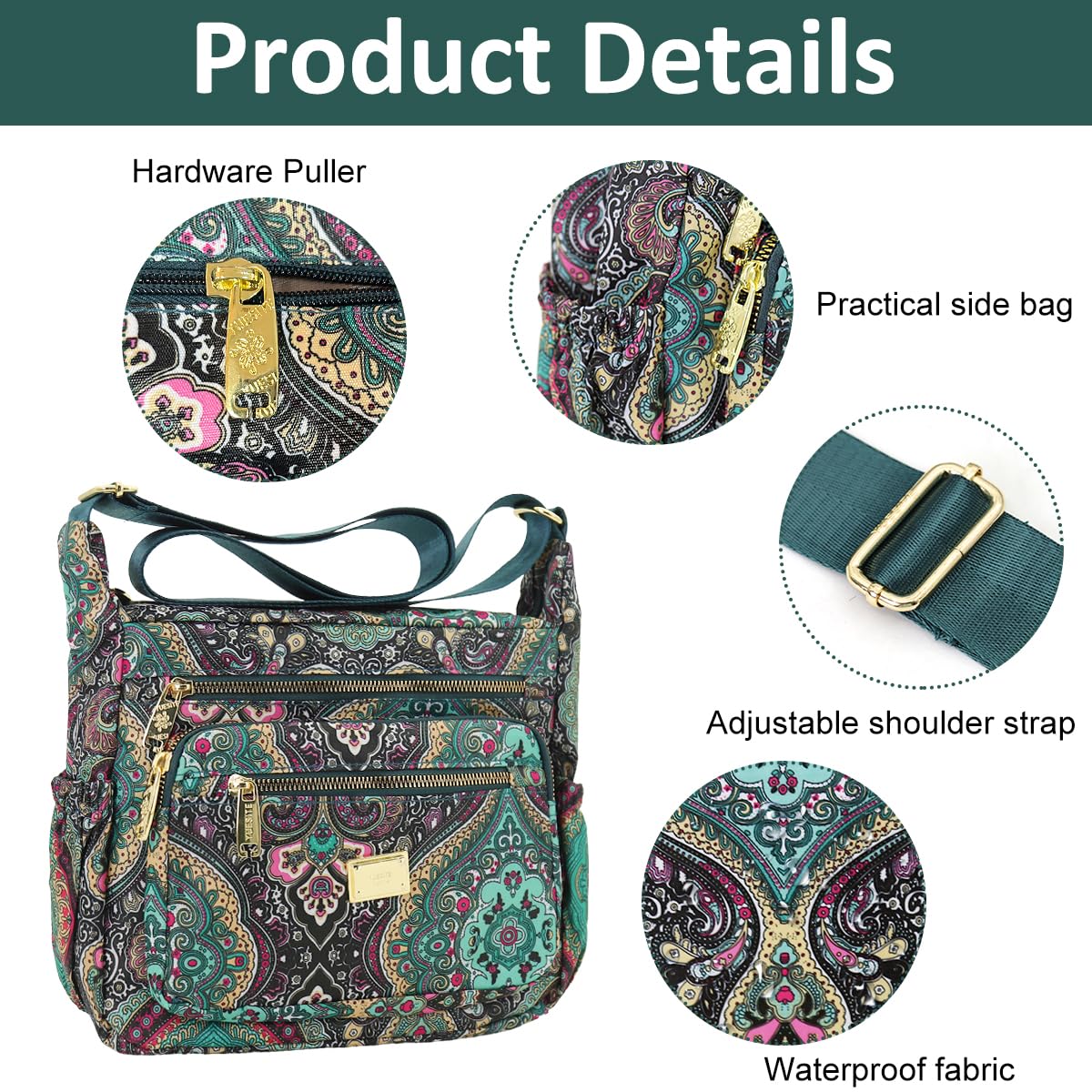 PALAY Women Crossbody Bag Fashion Nylon Print Satchel Travel Bag Multi Layer Shoulder Bag Crossbody Bag Casual Day Bag Satchel Handbag (10.2x3.9x8.2 inch)