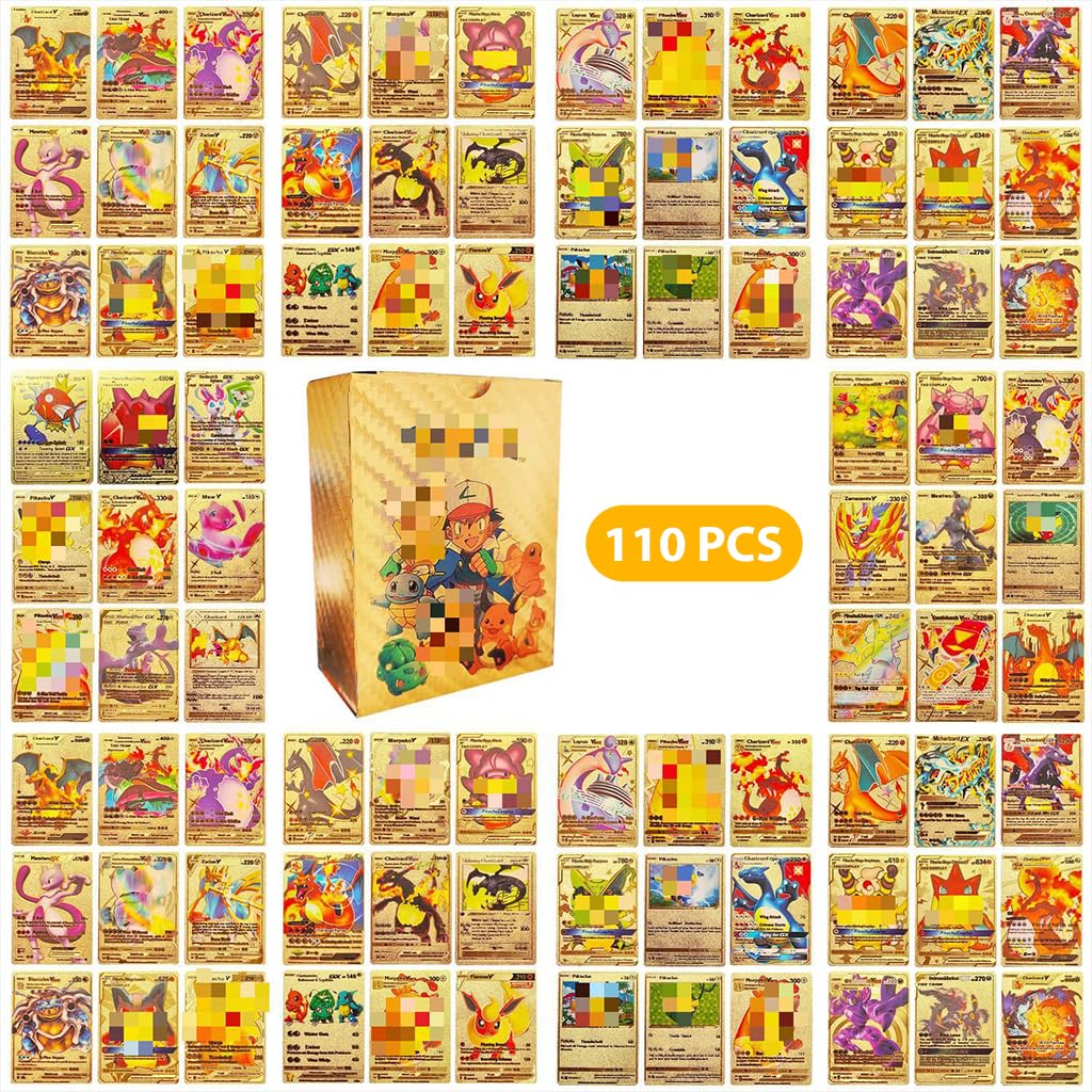 PATPAT Poke-mon Cards 110 Pcs Poke-mon Golden Cards Foil Game Card V Series Cards Vmax GX Rare Golden Cards and Common/Rare Mystery Cards with Box Poke-mon Toy Gifts for Boys Poke-mon Fans Unofficial