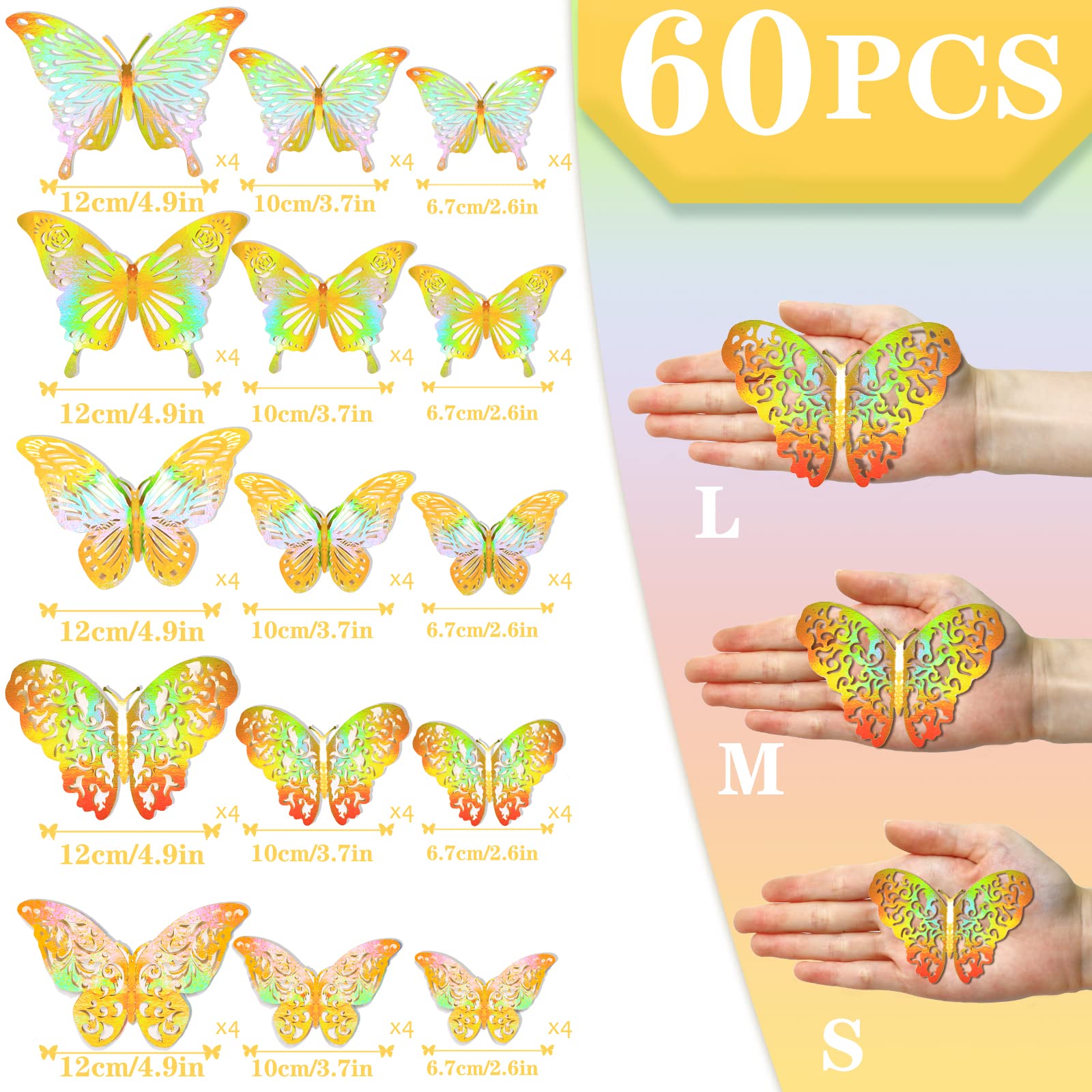 HASTHIP 60pcs 3D Butterfly Stickers For Wall with Sticking Pad Decor Removable Butterfly Wall Stickers Hollow Mural Decals DIY Art Crafts for Baby Home Decor Refrigerator Decoration