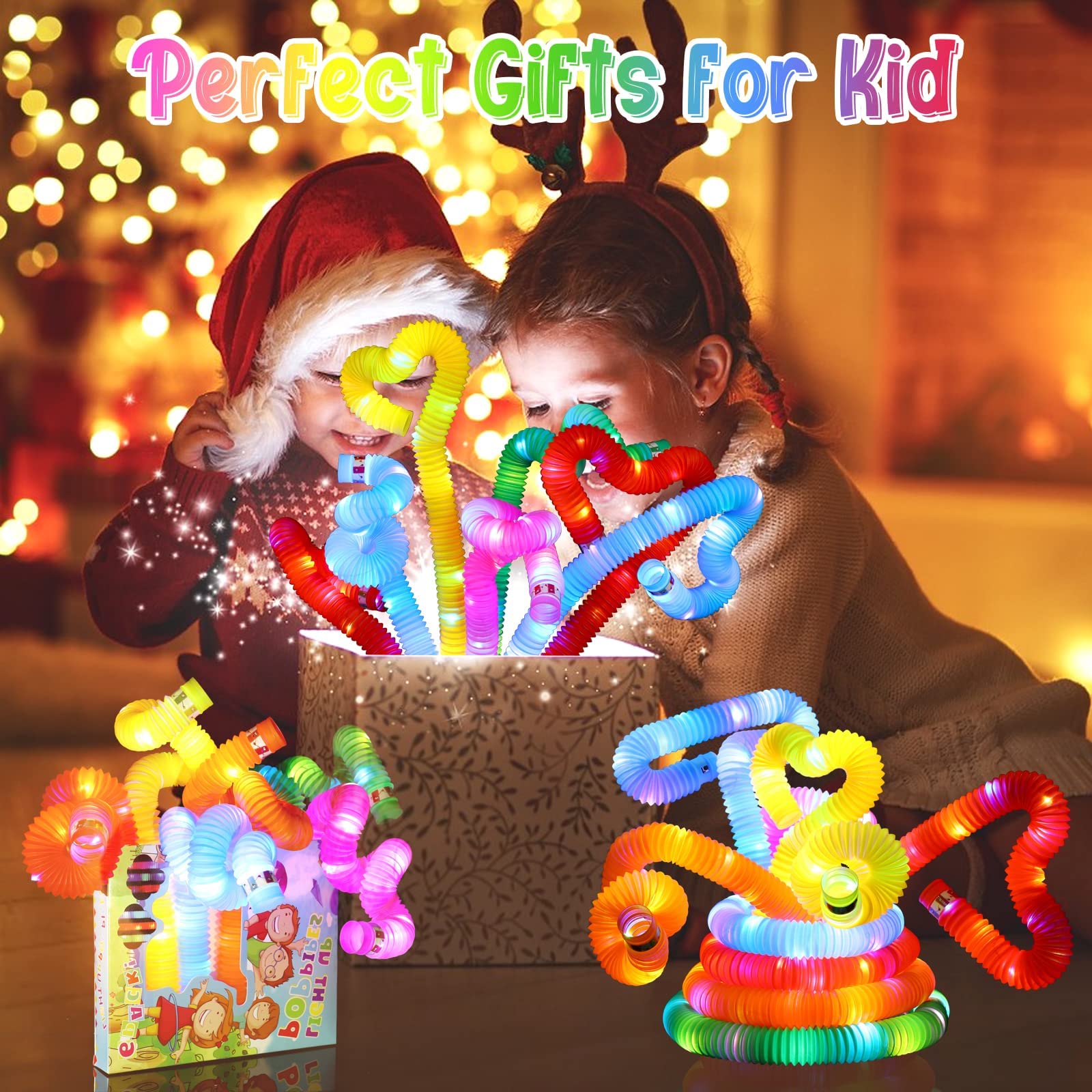 PATPAT 6Pcs LED Flashing Pop Tube Sensory Toys for Kids, Pull and Pop Tubes Fidget Toy, Color Glow Fidget Toy Adults Stretch and Bend Anxiety Stress ADHD Autism Relief Toys, Party Favors