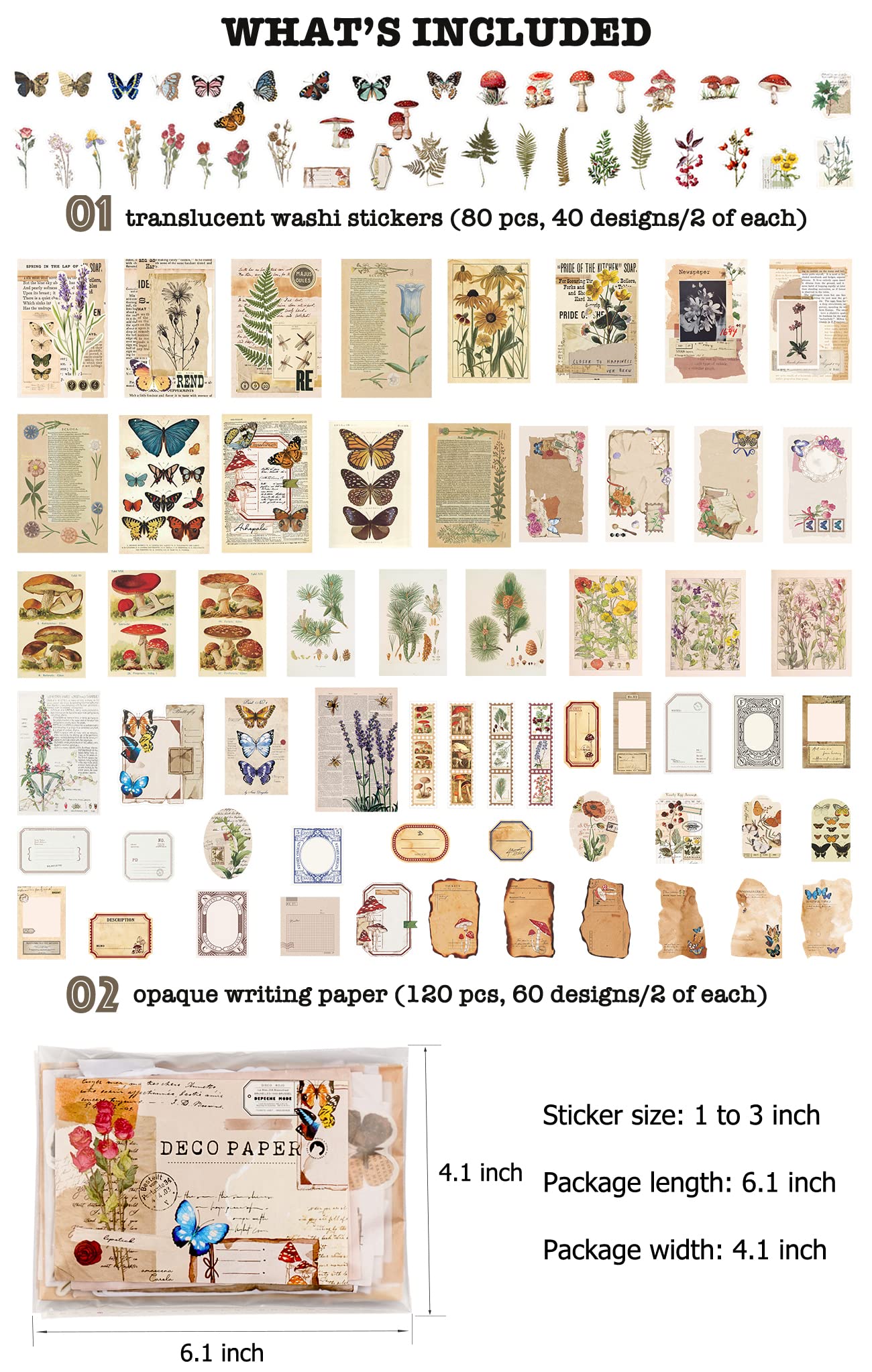 HASTHIP 200pcs Vintage Journal Supplies Pack for Scrapbook Supplies Art Journaling Bullet Junk Journal Planners DIY Paper Stickers Craft Kits Notebook Collage Album Aesthetic, Gold
